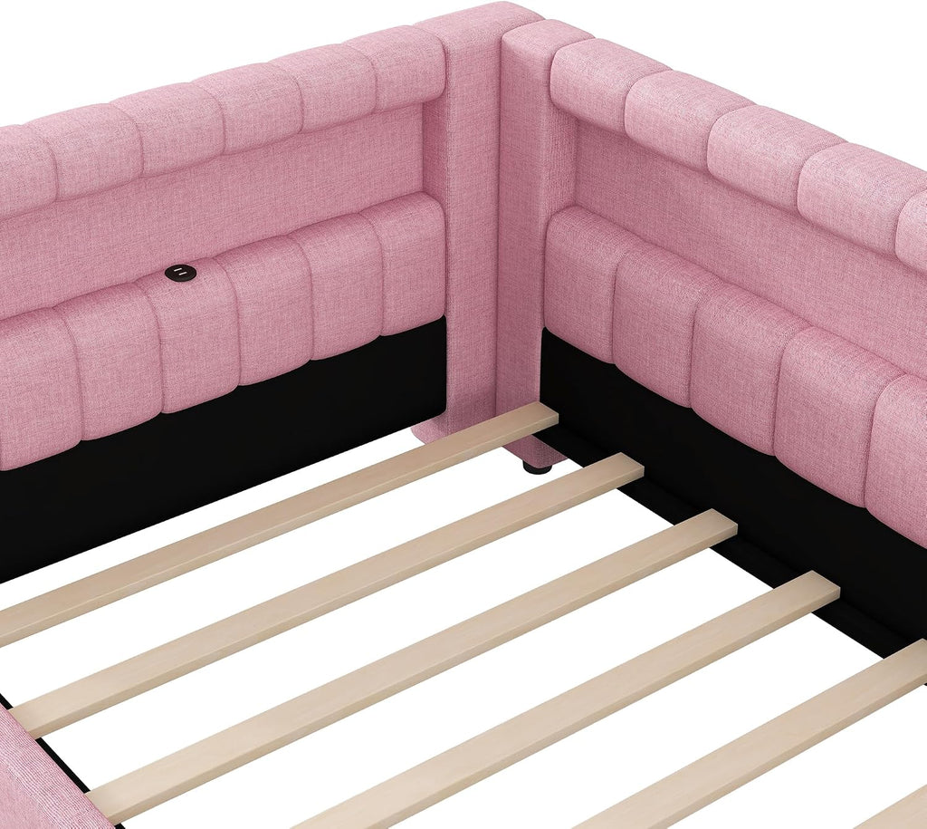 Upholstered Twin XL Size Daybed with LED and USB Ports, L-Shaped Corner Day Bed with Storage Shelves Headboard,Space Saving for Girls Adults Kids Boys, Pink