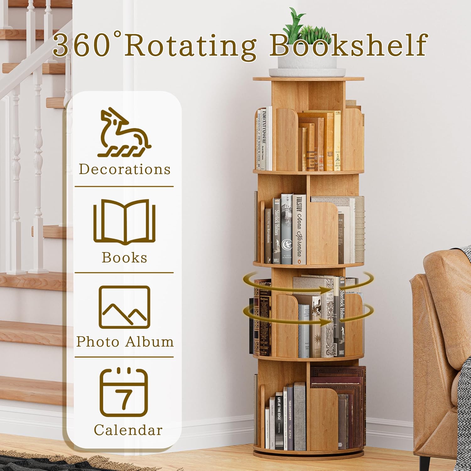 VDNEND Wooden 4 Tier Rotating Bookshelf, Spinning Bookshelf Tower,Modern Revolving Small Bookcase for Corner,Living Room,Bedroom (Natural Oak, 4-Tier)