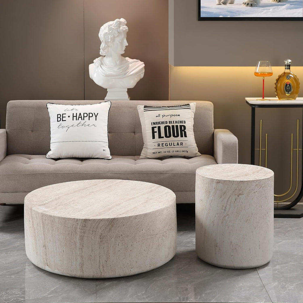 WILLIAMSPACE 15.75' Round End Table in Faux Marble, Modern Circle Drum Stone Side Table Travertine Small Coffee Table for Living Room, Outdoor, Magnesium Oxide, No Need Assembly, Light Beige