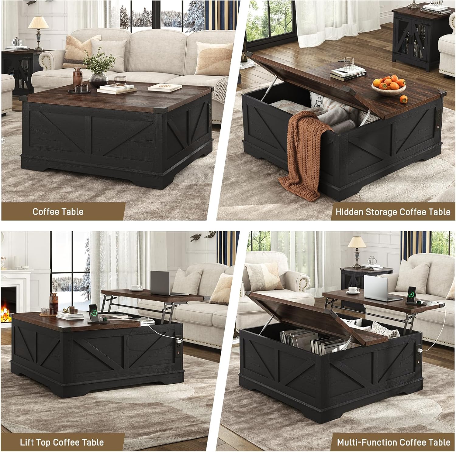 Hlivelood 40' Large Farmhouse Lift Top Coffee Table with Power Outlets and Large Hidden Storage, Square Wood Living Room Tables, Multi-Function Lift Wooden Barn Door Center Table, Black