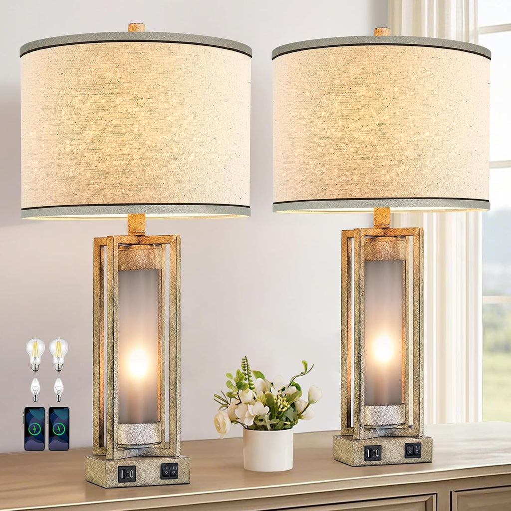 25' Set of 2 Farmhouse Table Lamps for Living Room with USB A+C Ports, Rustic Nightstand Lamp with White Night Light, Vintage Desk Lamp for Entryway Bedroom End Table, 4 Bulbs Included