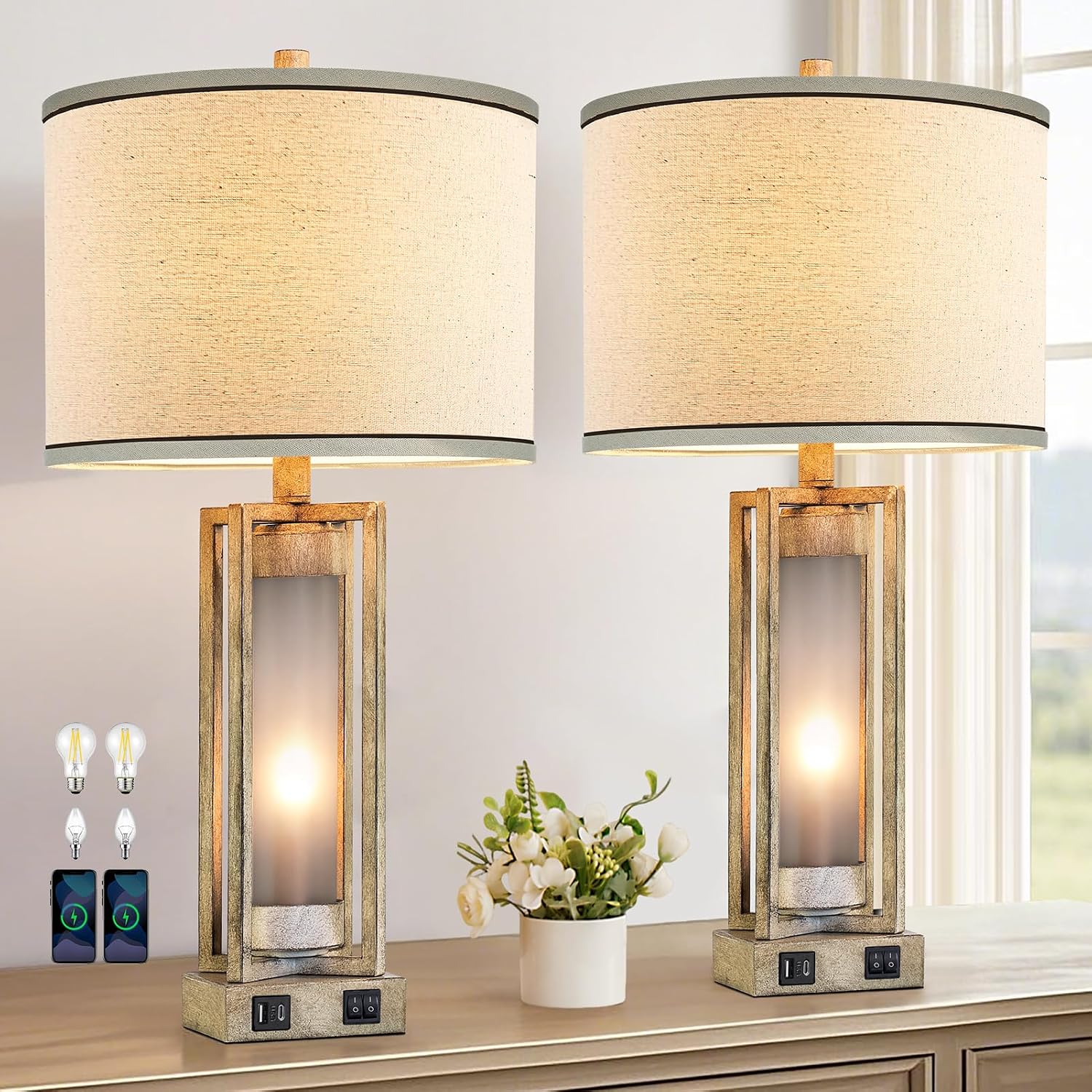 25' Set of 2 Farmhouse Table Lamps for Living Room with USB A+C Ports, Rustic Nightstand Lamp with White Night Light, Vintage Desk Lamp for Entryway Bedroom End Table, 4 Bulbs Included