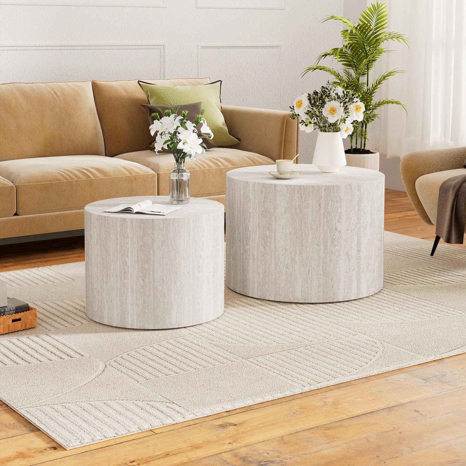 Round Nesting Coffee Tables Modern Travertine Coffee Table Small Round Coffee Tables Circular Side Table Accent End Table Nested Coffee Table Set for Living Room (Travertine B)