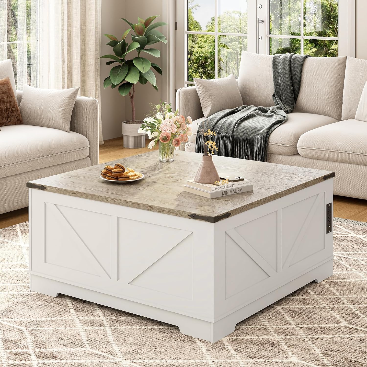 EAG 40' Large Farmhouse Lift Top Coffee Table with Hidden Compartment & Power Outlets, Square Wooden Coffee Table with Multi-Function Flip-Top Ample Storage Center Table for Living Room, White