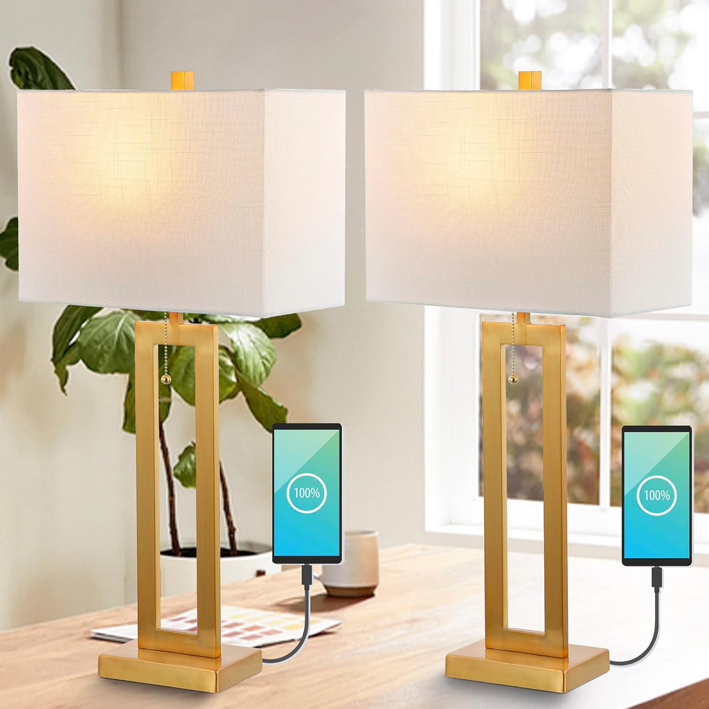 JONATHAN Y 28.5' Brass Gold Table Lamp Set of 2 with USB Port and Pull Chain, Modern Industrial Bedside Lamp for Living Room, Rectangular White Linen Shade, LED Bulb JYL1126A-SET2