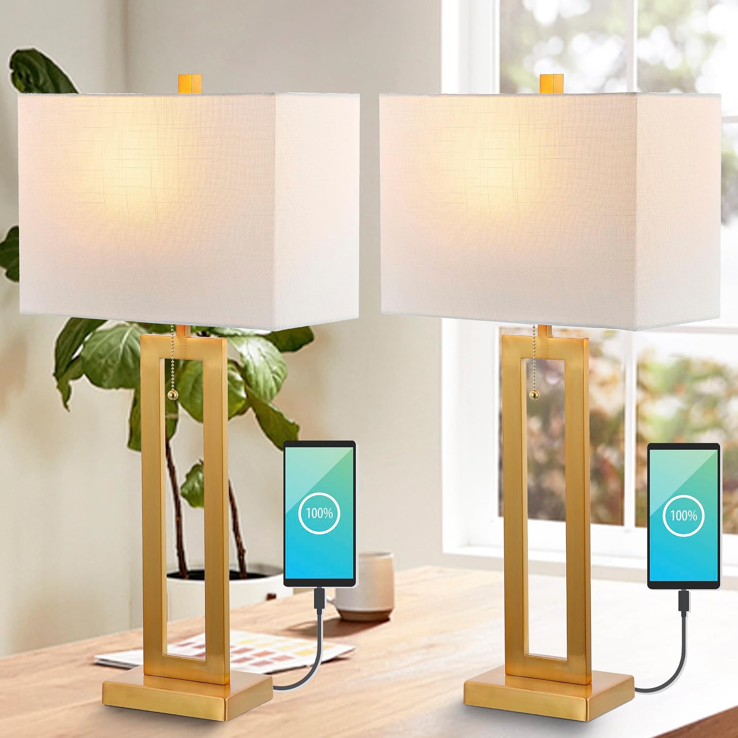 JONATHAN Y 28.5' Brass Gold Table Lamp Set of 2 with USB Port and Pull Chain, Modern Industrial Bedside Lamp for Living Room, Rectangular White Linen Shade, LED Bulb JYL1126A-SET2