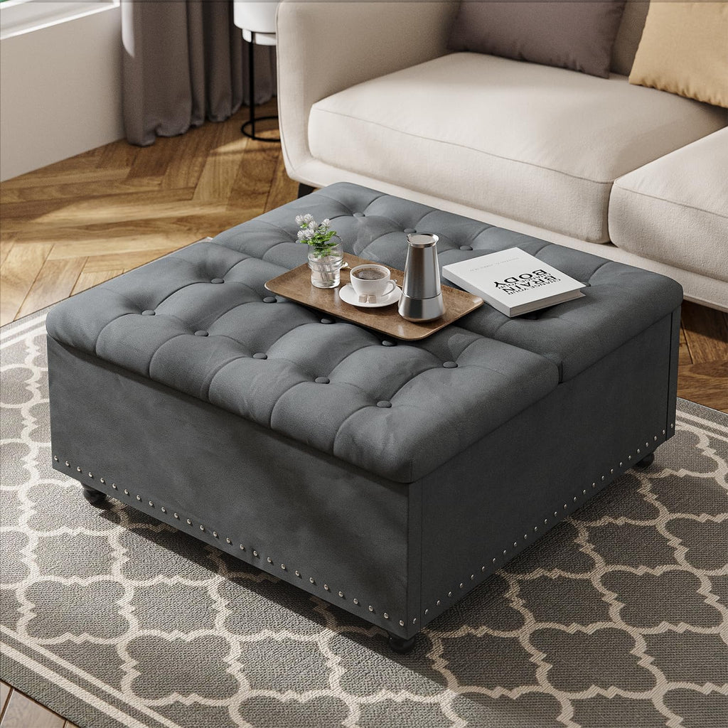 FUXA 35 Inch Large Square Ottoman with Storage, Oversized Ottoman Coffee Table with Lift Top and Wood Legs, Tufted Upholstered Storage Ottoman Bench for Living Room (Gray)