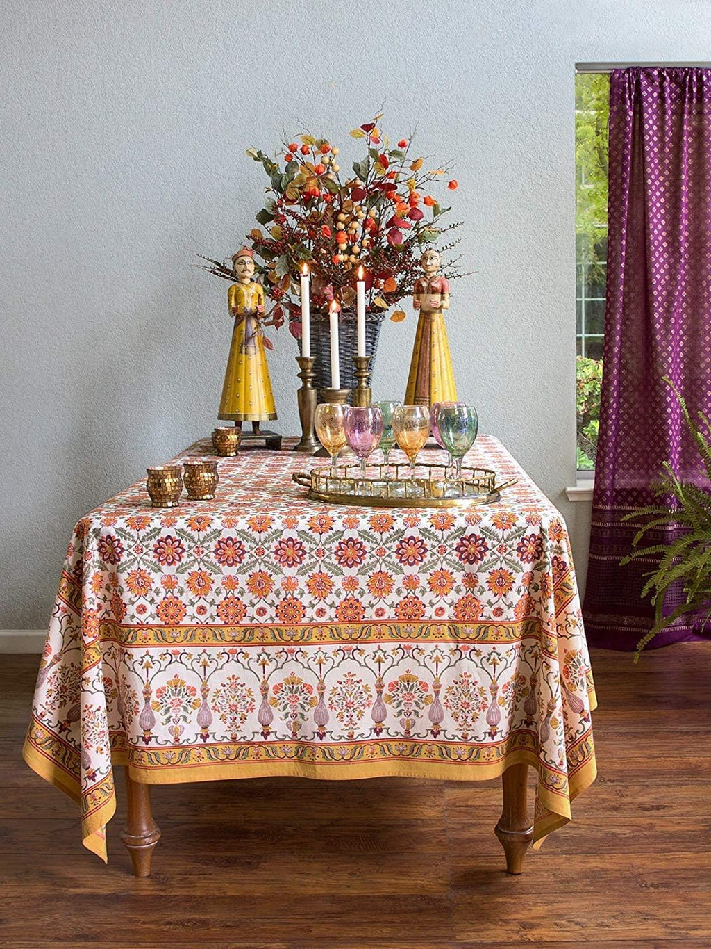 Saffron Marigold Rectangle Hand Block Printed Tablecloth - Orange Blossom Luxurious 100% Cotton, Washable, for Home Decor, Kitchen, Coffee Or Dining Table 70 x 90 Inches