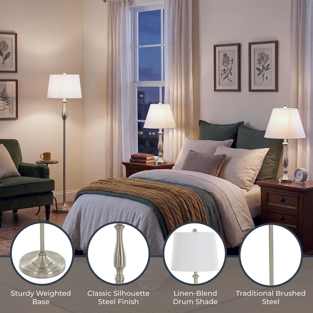 3-Piece Home Lighting Set - Coordinating Bundle with 2 Table Lamps and 1 Floor Lamp for Home and Office Decor by Lavish Home (Silver)