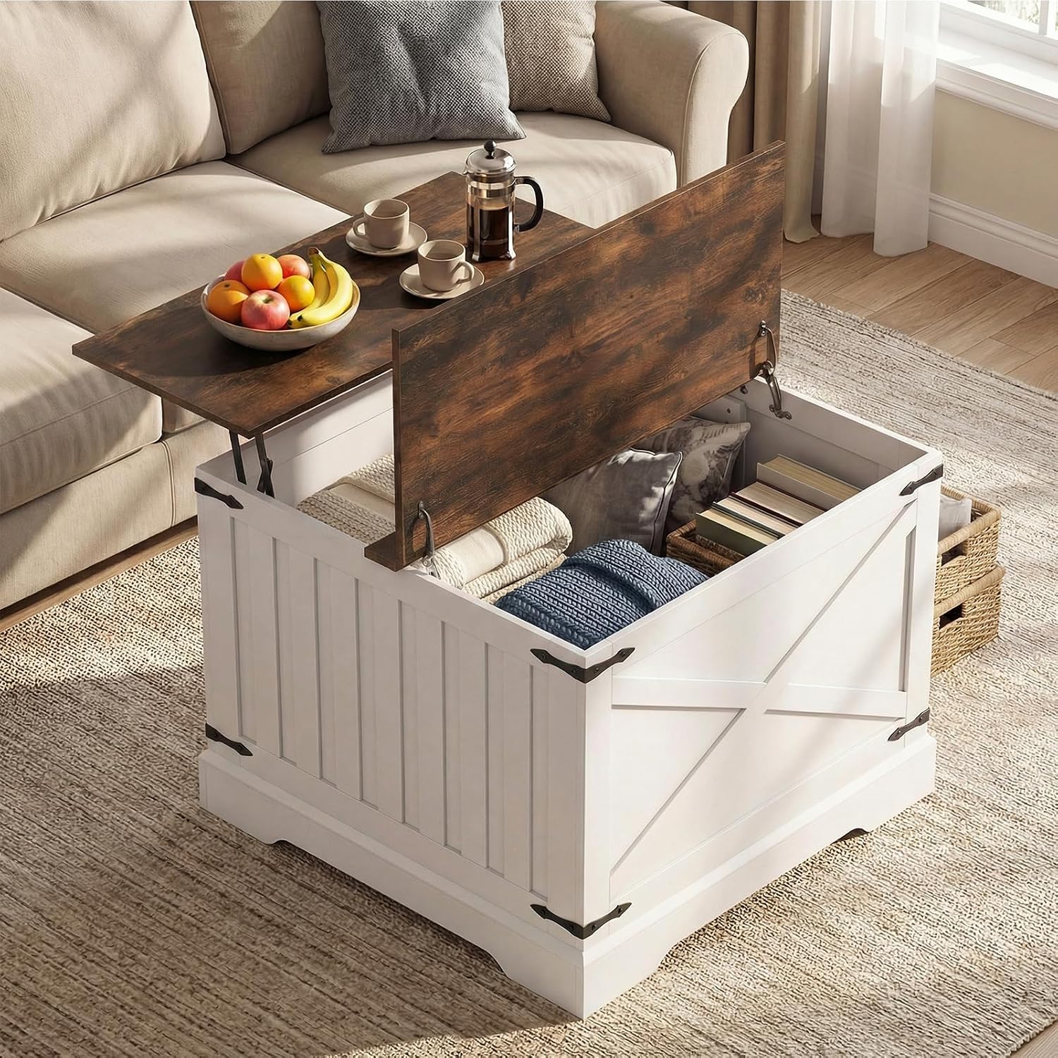 Giantex Farmhouse Lift Top Coffee Table, 31.5' Square Wood Center Table with Large Hidden Storage Compartment & Hinged Lift Top, Accent Cocktail Tea Table, Rustic Living Room Tables (Rustic Brown)