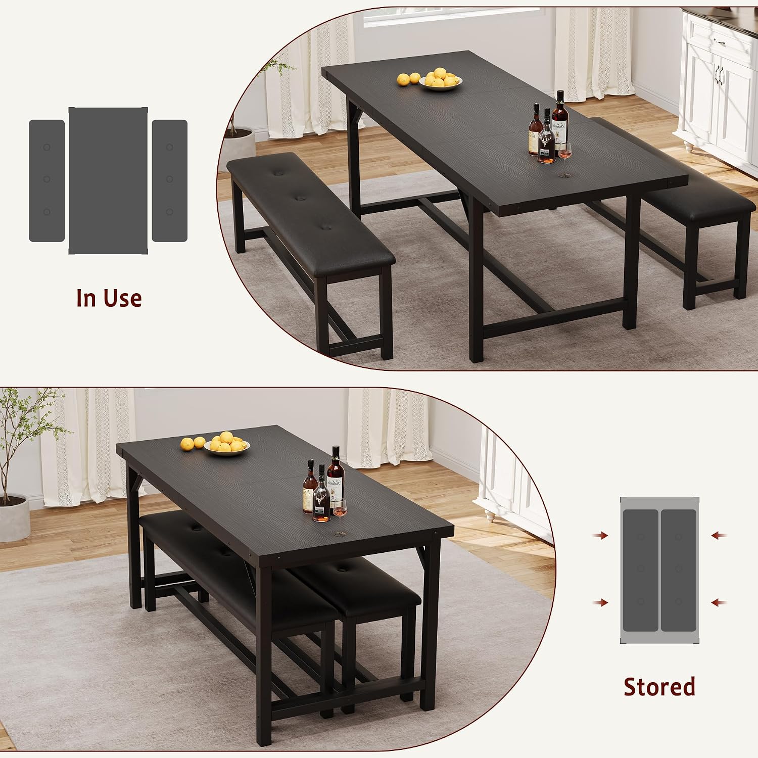 IDEALHOUSE 3 Piece Dining Table Set for 4-6, 63' Extendable Thick Metal Frame Kitchen Table with 2 Upholstered Benches Set for 6, Rectangle Wooden Dinette Table Set for Dining, Apartment, Retro Black