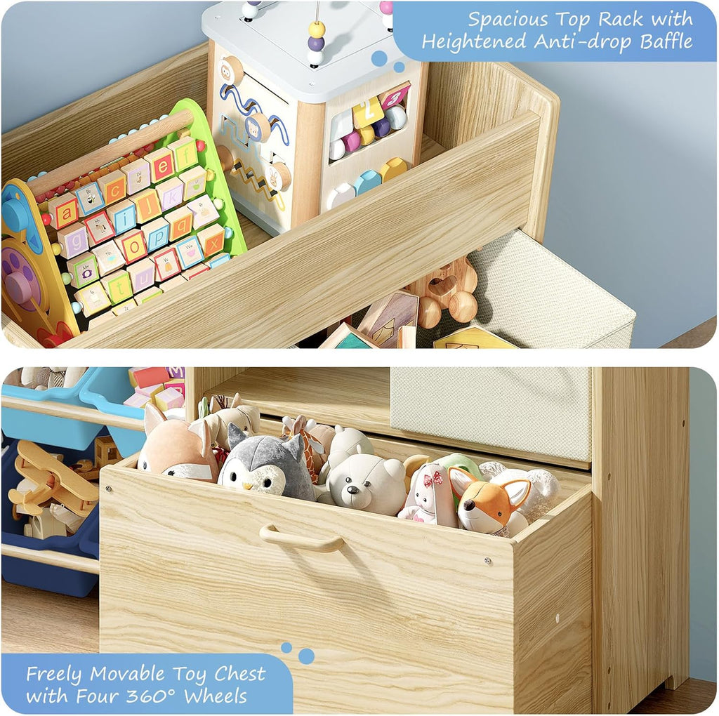 EXPERLAM Toy Storage Organizer for Kids, 9-Bin Toy Organizer with 2-Drawers,Movable Toy Chest and Top Rack, Kids Bookshelf and Toy Storage for Playroom, Bedroom, Nursery, Blue