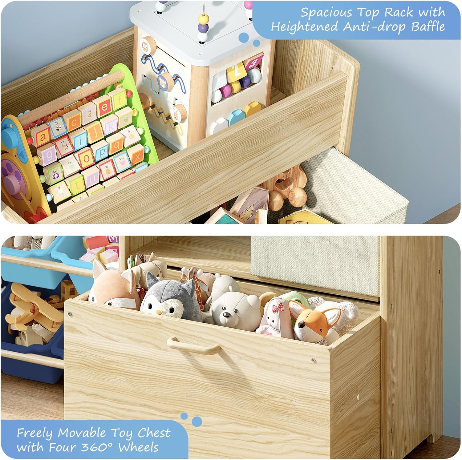 EXPERLAM Toy Storage Organizer for Kids, 9-Bin Toy Organizer with 2-Drawers,Movable Toy Chest and Top Rack, Kids Bookshelf and Toy Storage for Playroom, Bedroom, Nursery, Blue