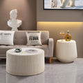 Round MGO Coffee Table Set, 29.53' Off-White Magnesium Oxide Fluted Drum Center Table and 16.54' Coffee Table Set, 2 Pieces Living Room Table Set for Indoors and Outdoors, No Assemble