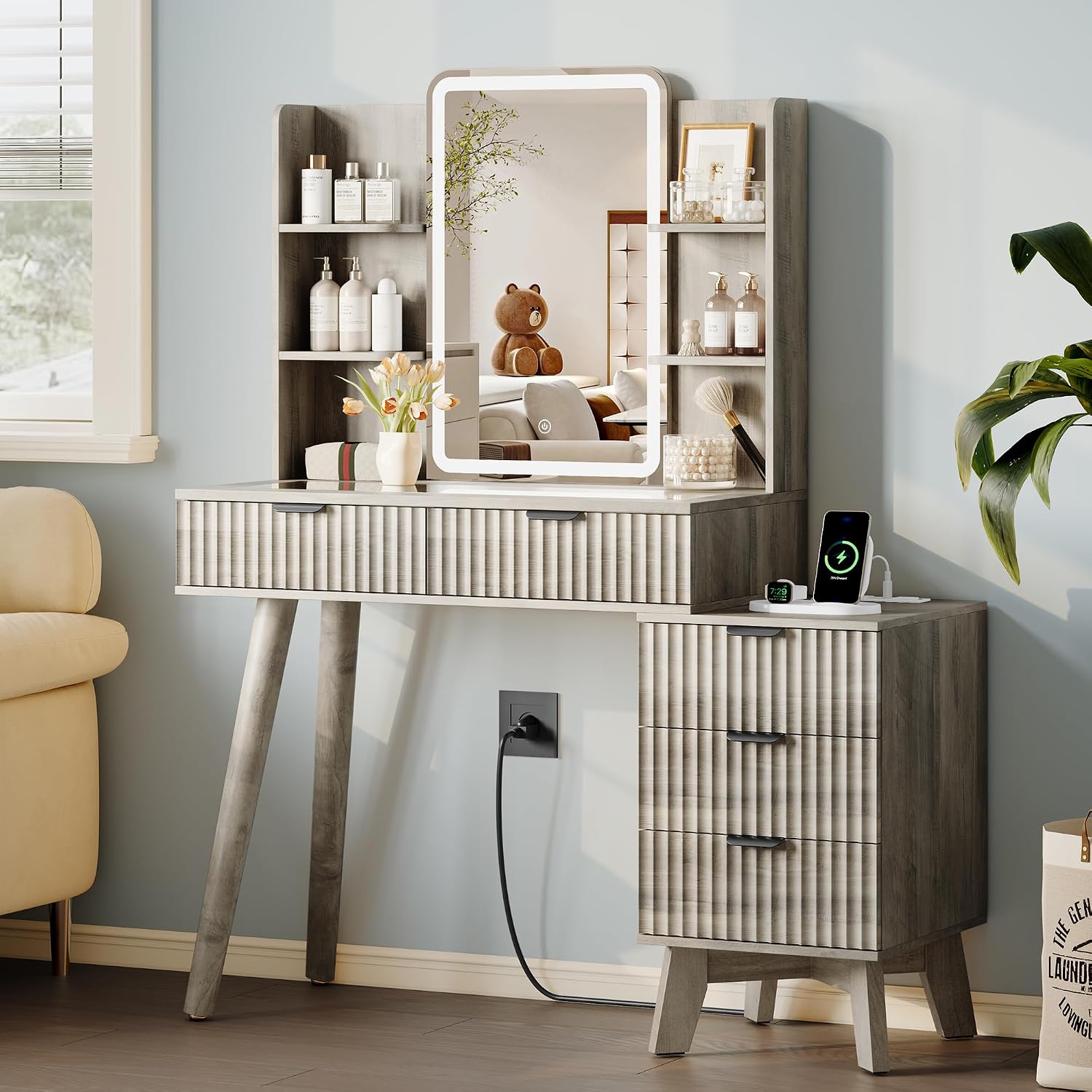 Xixini Fluted Vanity Desk with Mirror and Lights, Glass Top Makeup Table Set with 5 Drawers, Power Outlet & Storage Cabinet, Large Dressing Table with RGB Ambient Light for Bedroom Women Girls, Grey