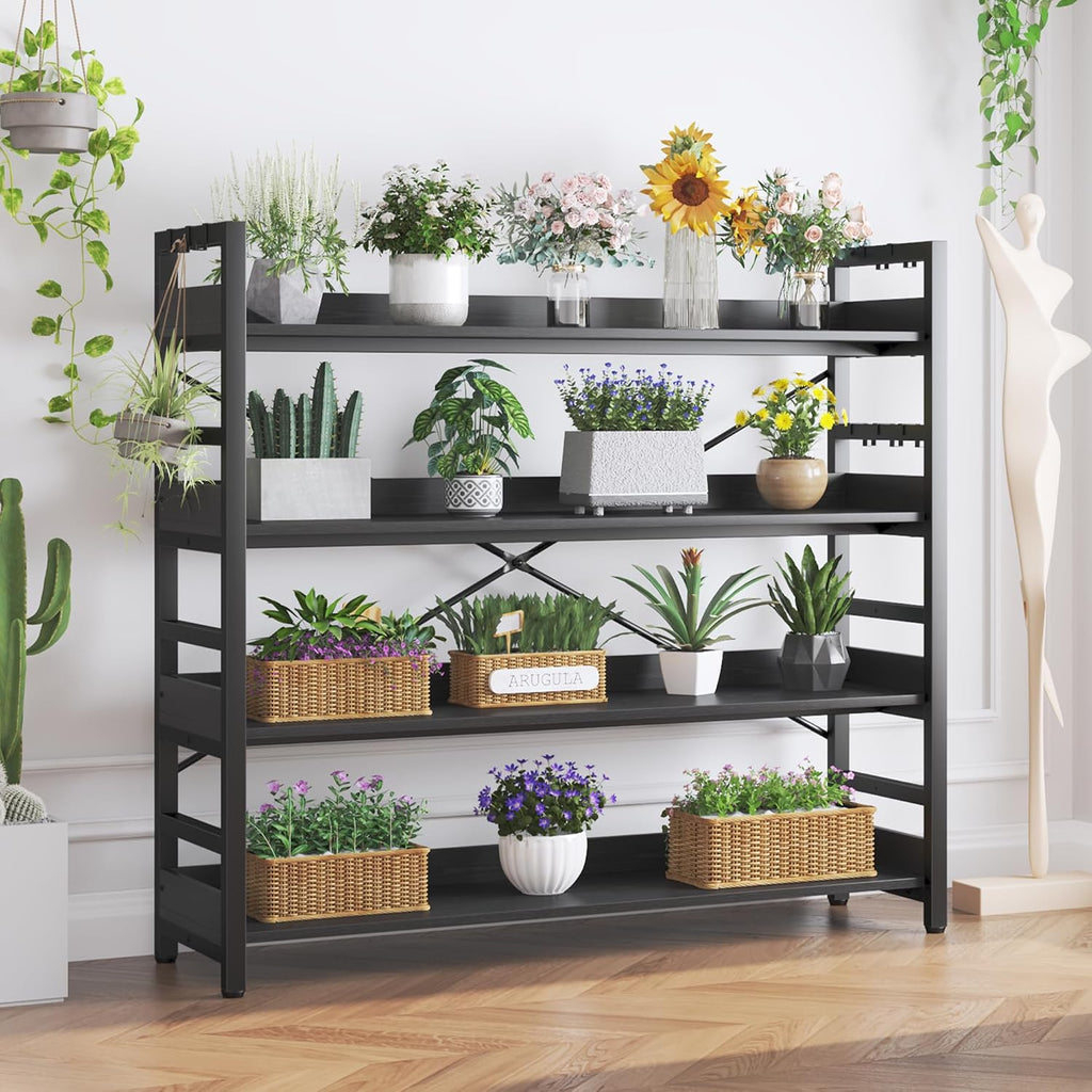 HCHQHS Bookshelf, Adjustable Industrial Bookcase, Vertical Tall Book Shelf, Wood and Black Metal Open Bookshelves for Home Office, Living Room, Bedroom (Black, 4-Tier (47' W x 44' H))