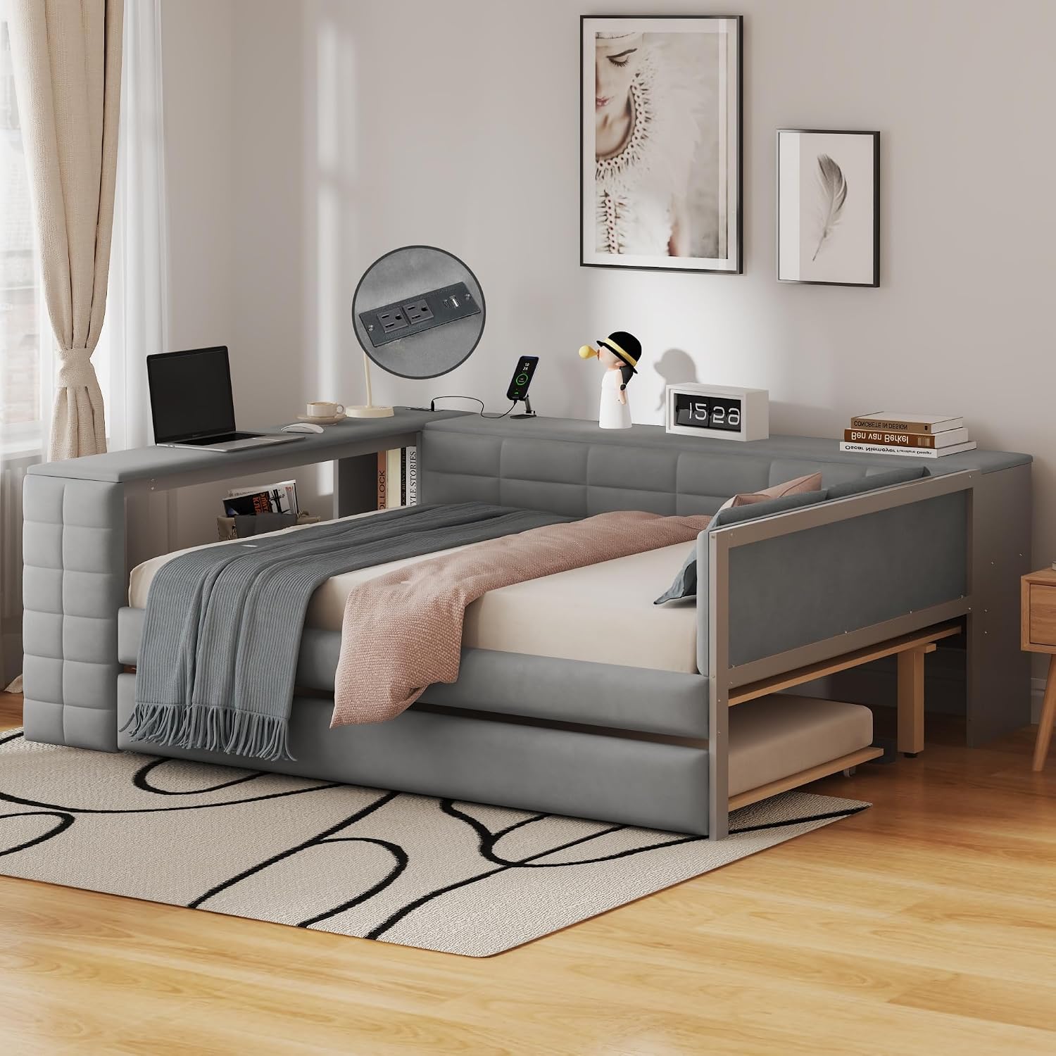 Virubi Full Size Daybed with Trundle，Corner Bed Frame with Storage Shelves, Back Cushion，Upholstered Wood Bed Frame with Charging Station for Small Space,Teen Room,Dorm and Home Office,Gray