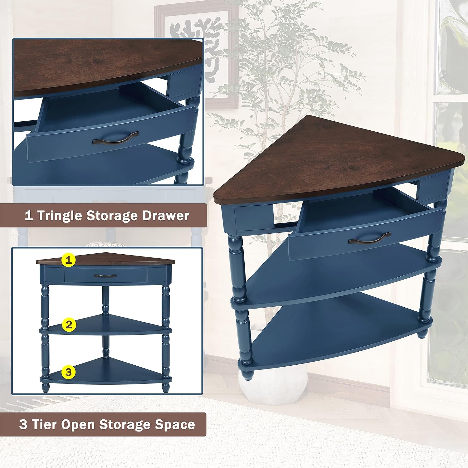 GDFStudio Trmxmbi 3 Tier Corner Console Table with 1 Storage Drawers and Shelves, 33.8'' Rustic Wood Triangle Sofa End Table for Small Spaces, Solid Wood Legs, Navy Blue and Espresso Top