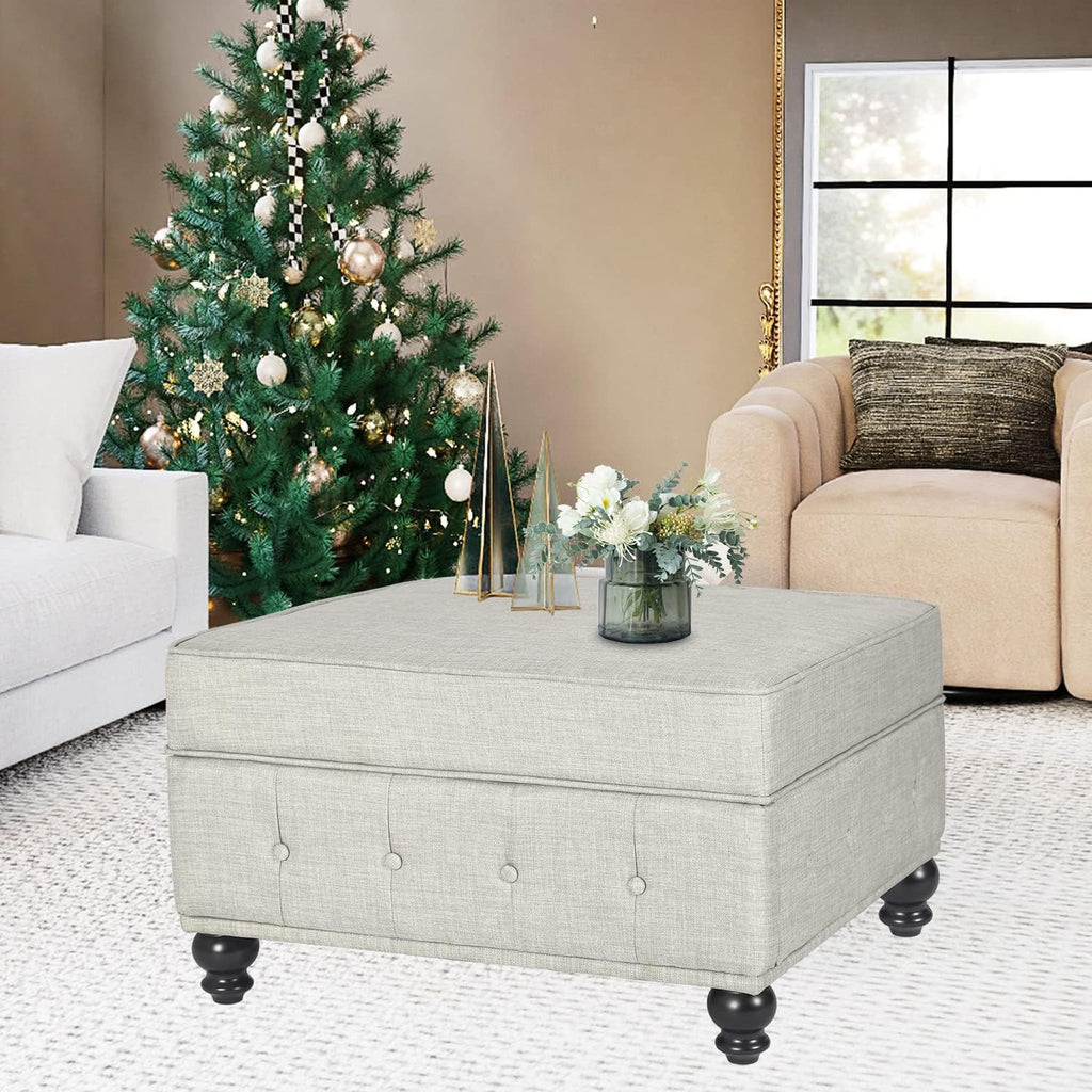 Joveco Storage Ottoman Bench Linen Button Tufted Entryway Bench with Wood Legs, Coffee Tables Footstool for Living Room Bedroom, Need to DIY Assemble/Put it Together,(Beige)