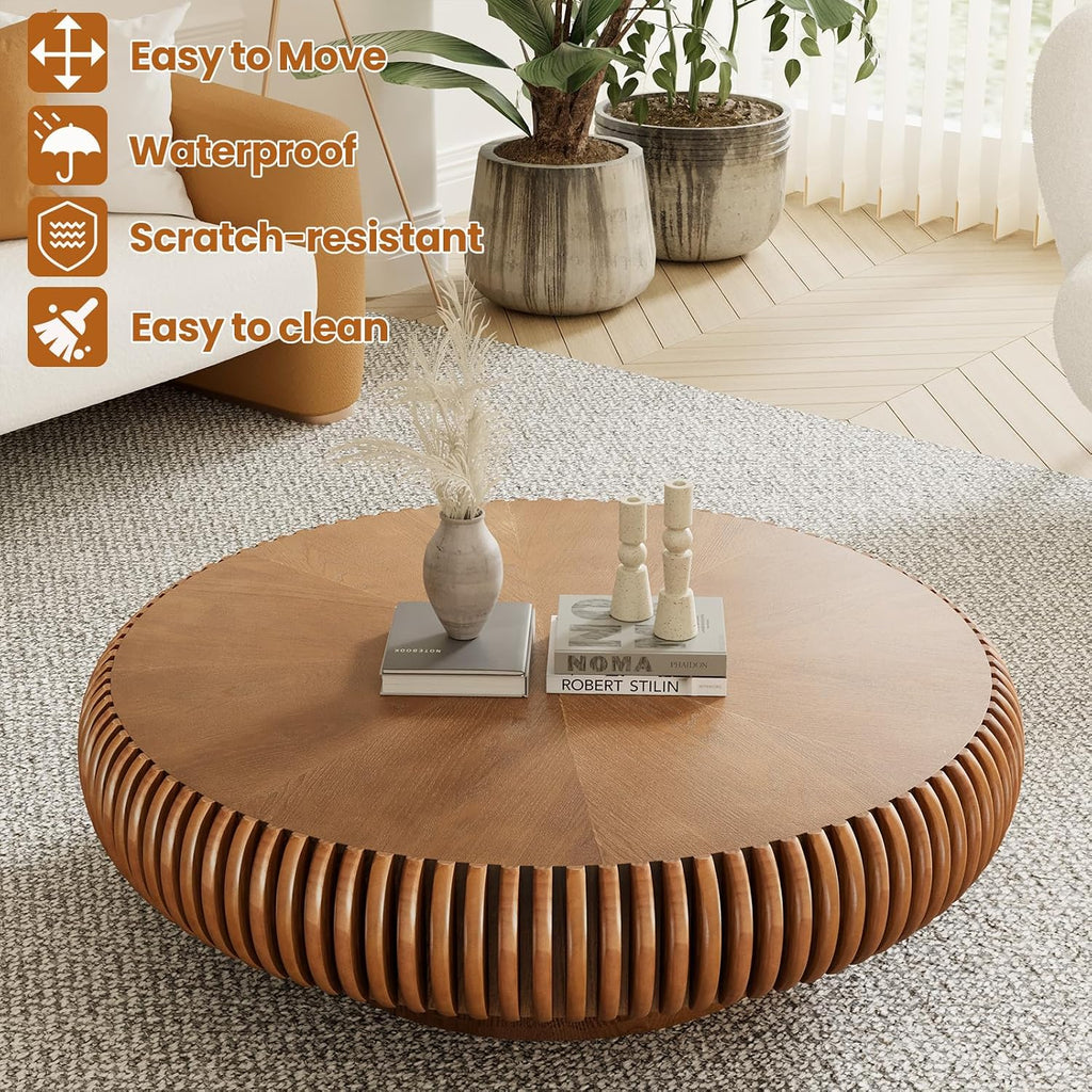 Round Drum Coffee Table with Sturdy Pedestal, Modern Wooden Fluted Coffee Table, Circle Center Table Accent Tea Table for Living Room Apartment Office Reception Room (Brown D39.4)