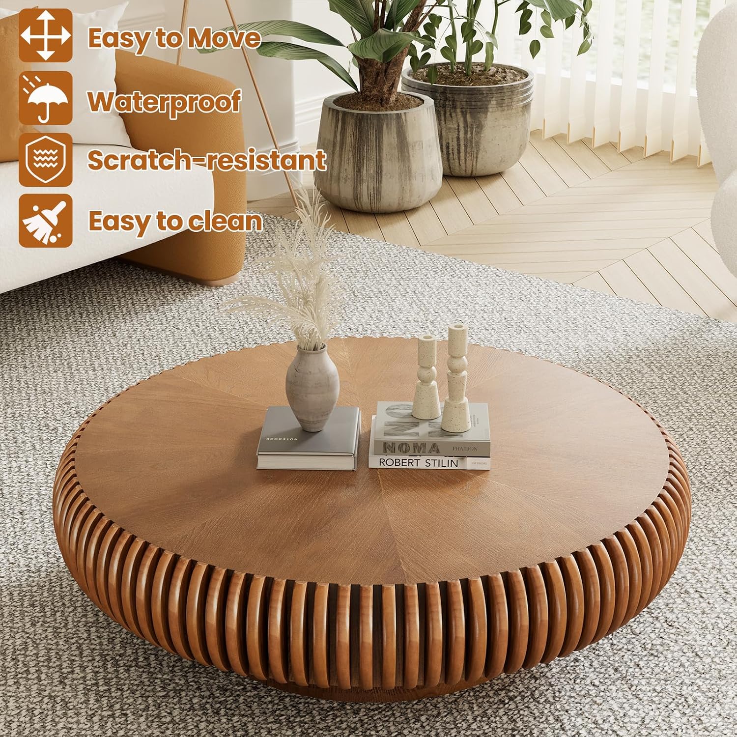Round Drum Coffee Table with Sturdy Pedestal, Modern Wooden Fluted Coffee Table, Circle Center Table Accent Tea Table for Living Room Apartment Office Reception Room (Brown D39.4)