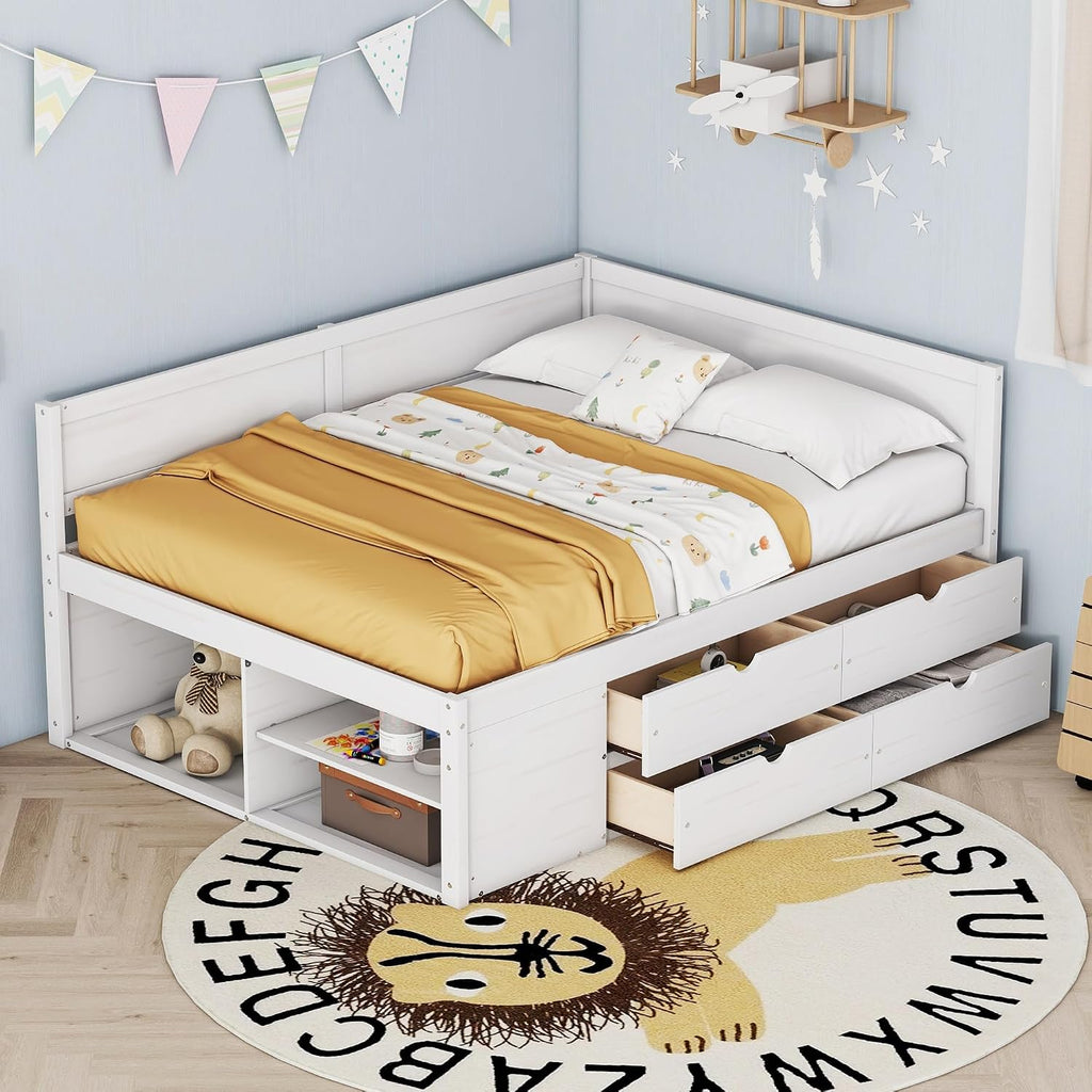 White Full Size L-Shaped Daybed with 4 Storage Drawers & Shelves,Wooden Corner Day Bed Frame with Headboard & Bookcase for Boys,Girls,Small Room,Guest Room,kids'Room,No Box Spring Needed