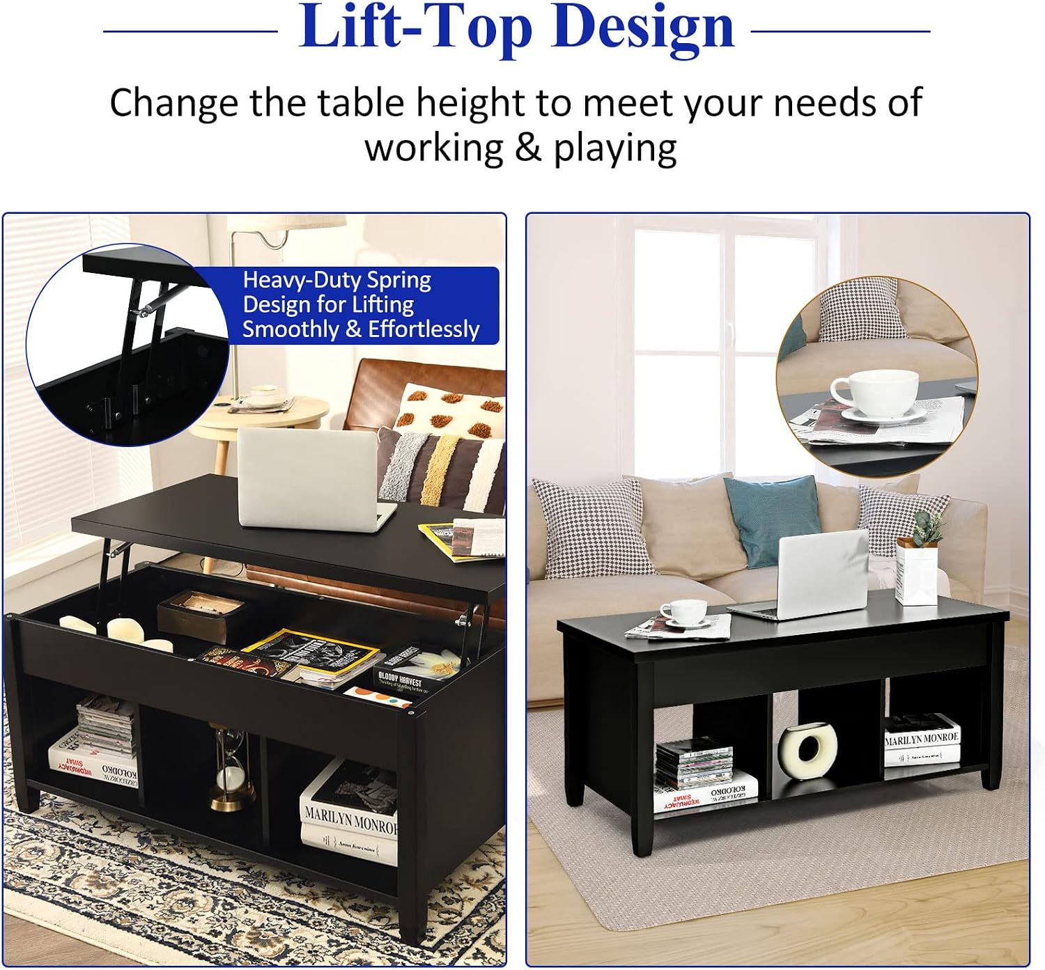 Tangkula Wood Lift Top Coffee Table, Modern Coffee Table w/Hidden Compartment and Open Storage Shelf for Living Room Office Reception Room (Black)