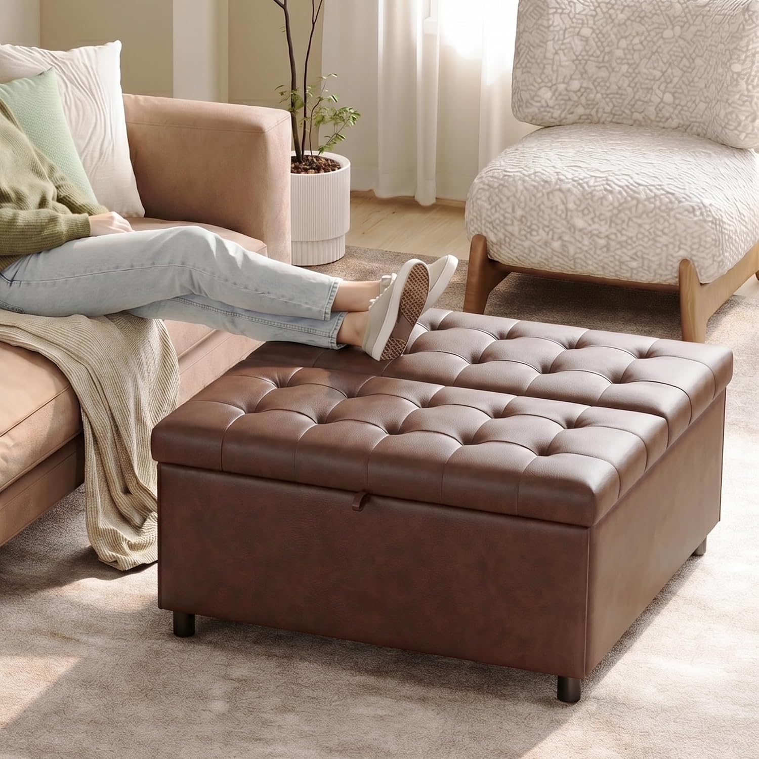 LINLUX 35.5 Inch Large Leather Storage Ottoman, Square Ottoman Coffee Table, Lift Top Tufted Ottomans Toy Box Footrest for Living Room, Brown