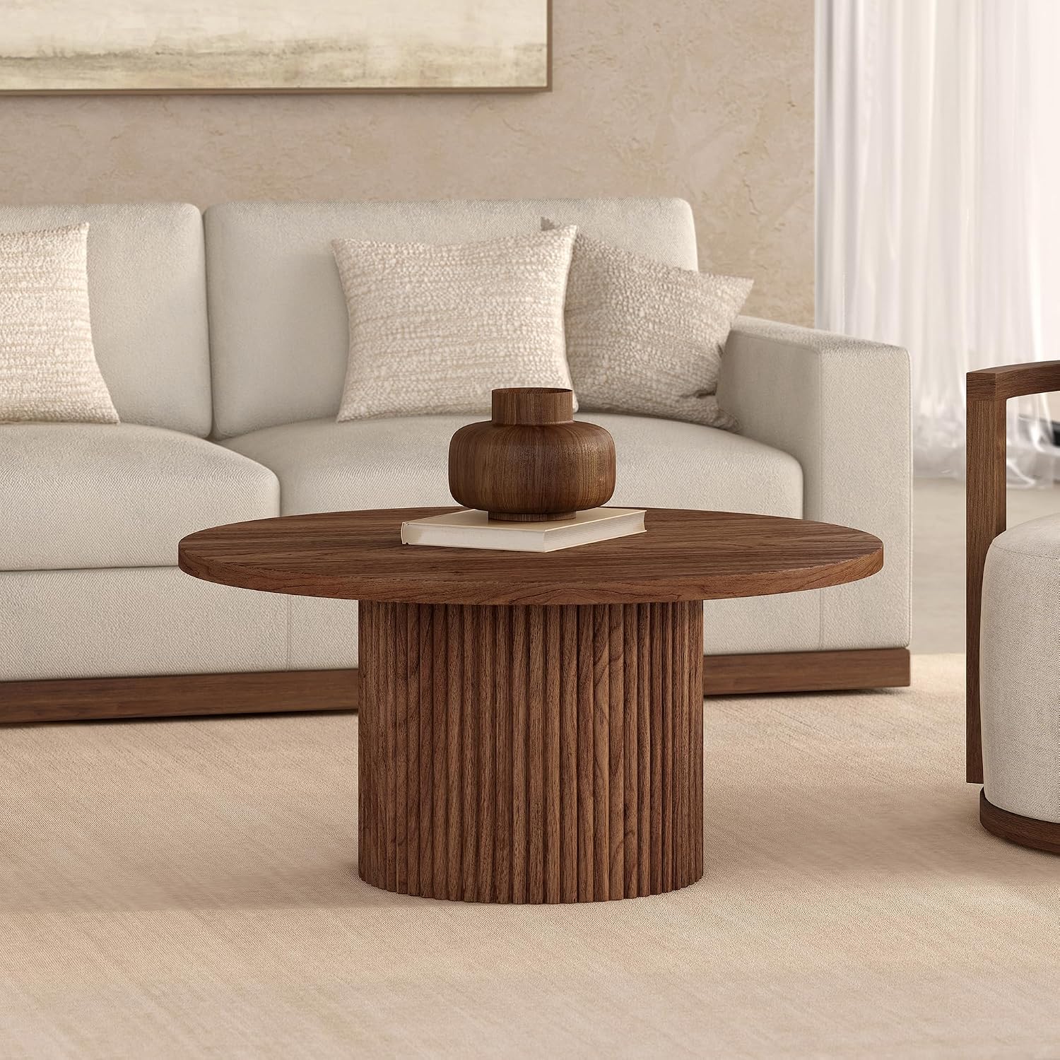 Henn&Hart 32' Fluted Round Wooden Pedestal Low-Profile Coffee Table for Living Room, Family Room, Office, or Apartment, Medium Walnut