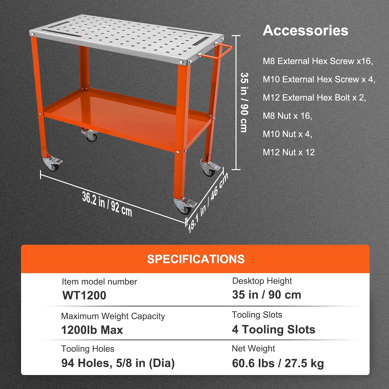 VEVOR Welding Table 36'x18', 1200lbs Load Capacity Steel Welding Workbench Table on Wheels, Portable Work Bench with Braking Lockable Casters, 4 Tool Slots, 5/8-inch Fixture Holes, Tool Tray