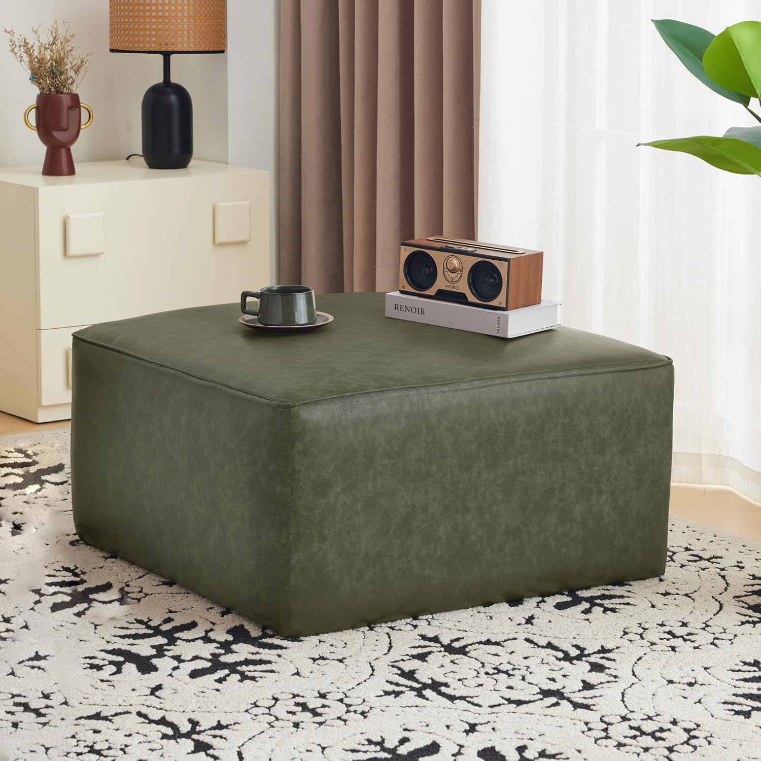 Christopher Knight Home Ellis Faux Leather Ottoman Footstool, Square Pouf Poufee Footrest Ottoman Large Seat, Modern Side Table for Living Room Bedroom Home Decor Gifts, Green