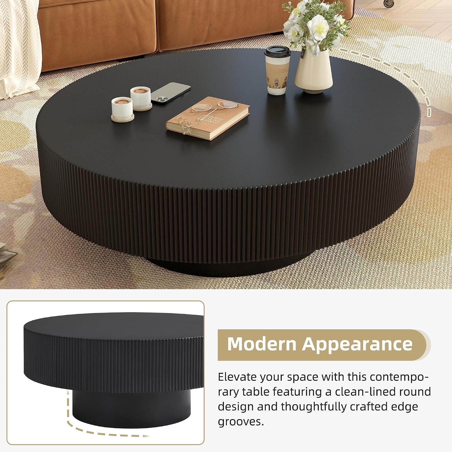 LUMISOL Round Coffee Table for Living Room, Modern Drum Center Table with Thick Tabletop, Wave Design, Fluted Circle Cocktail Table with Sturdy Base, 31.5' W*13.7' H, Black