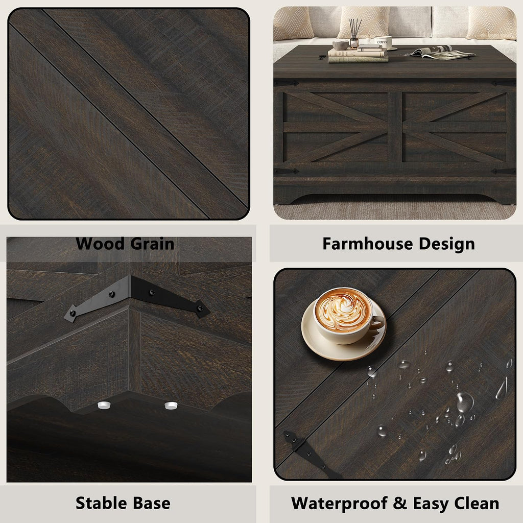 Furnideco 35.5''W Square Coffee Table Farmhouse Lift top Coffee Table with Large Hidden Storage, Wood Center Table for Living Room, Home Office, Dark Brown