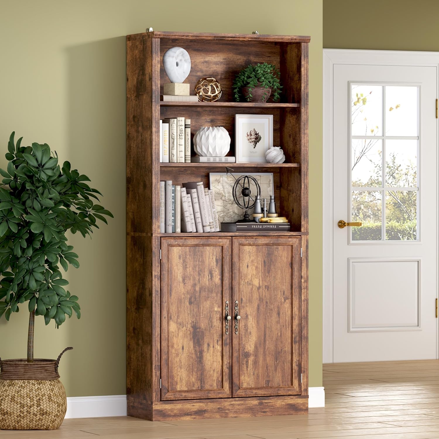 BORNOON 70.1' Tall Bookshelf with Cabinet, 5-Tier Floor Standing Bookcase with Doors & Adjustable Shelves, 31.5' Wide Storage Shelf, Metal Handles, Modern Organizer for Home Office, Living Room