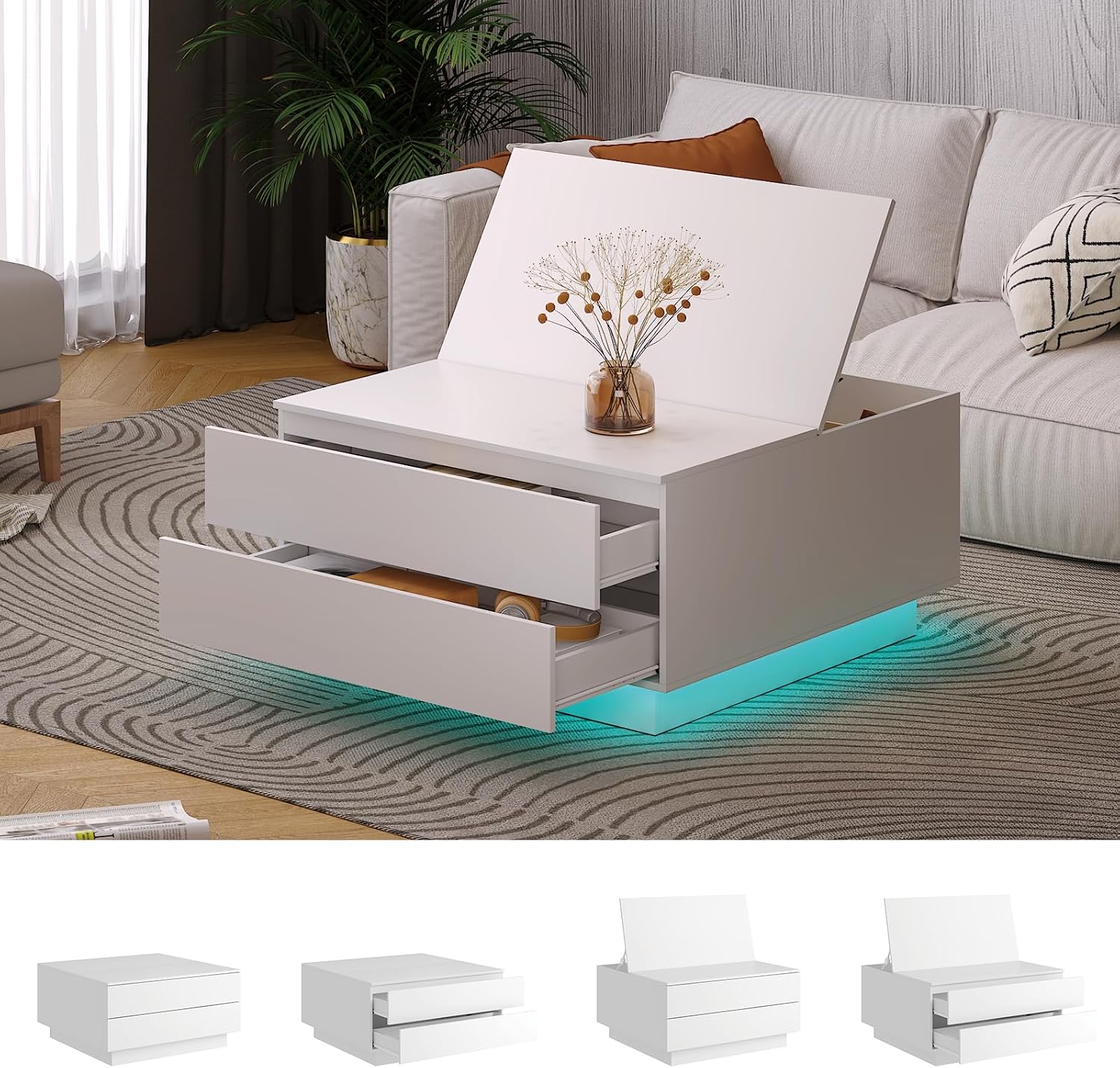 HedoAjim Square Coffee Tables with Storages, Modern White Coffee Table for Living Room, Flip Cover Coffee Tables and 2 Spacious Drawers, Coffee Table with LED Light