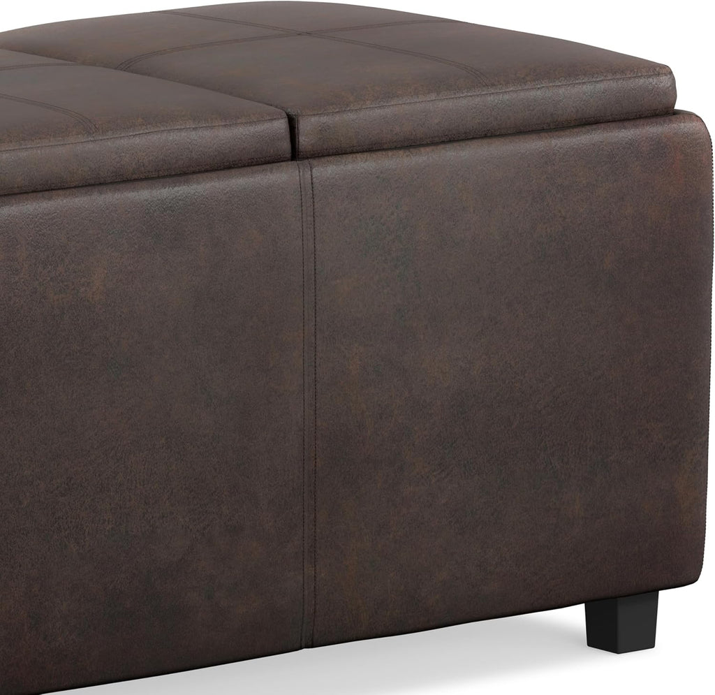 SIMPLIHOME Avalon Storage Ottoman - 42 inch Wide Upholstered Vegan Leather Rectangular Flip-Top Ottoman in Distressed Brown, Contemporary Coffee Table Ottoman for Living Room with Hidden Storage