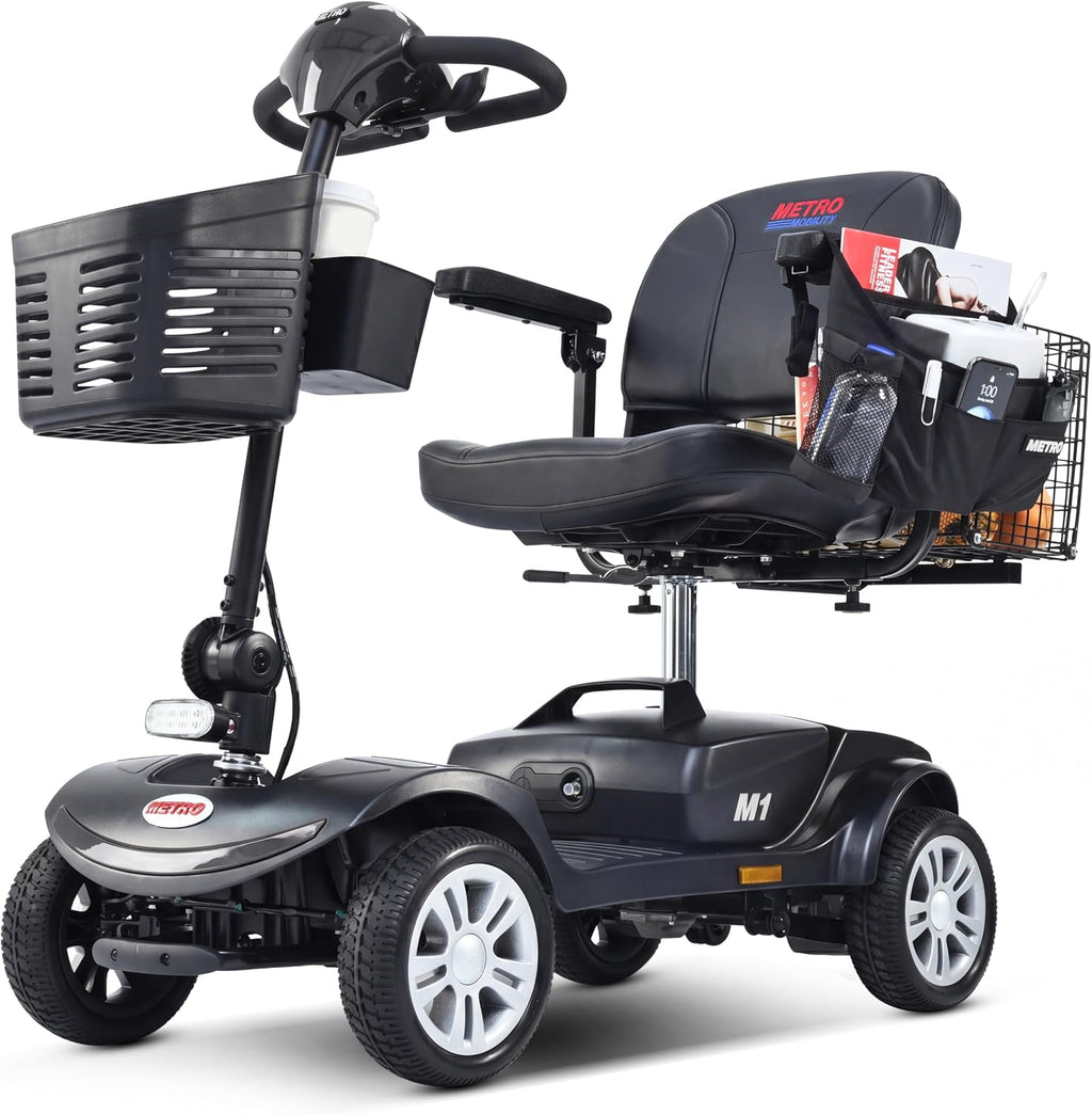 Metro Mobility 4 Wheel Electric Mobility Scooters for Adults - 300 lbs Capacity Folding Mobility Scooter for Seniors, Travel - Long Range Power Extended Battery - Black