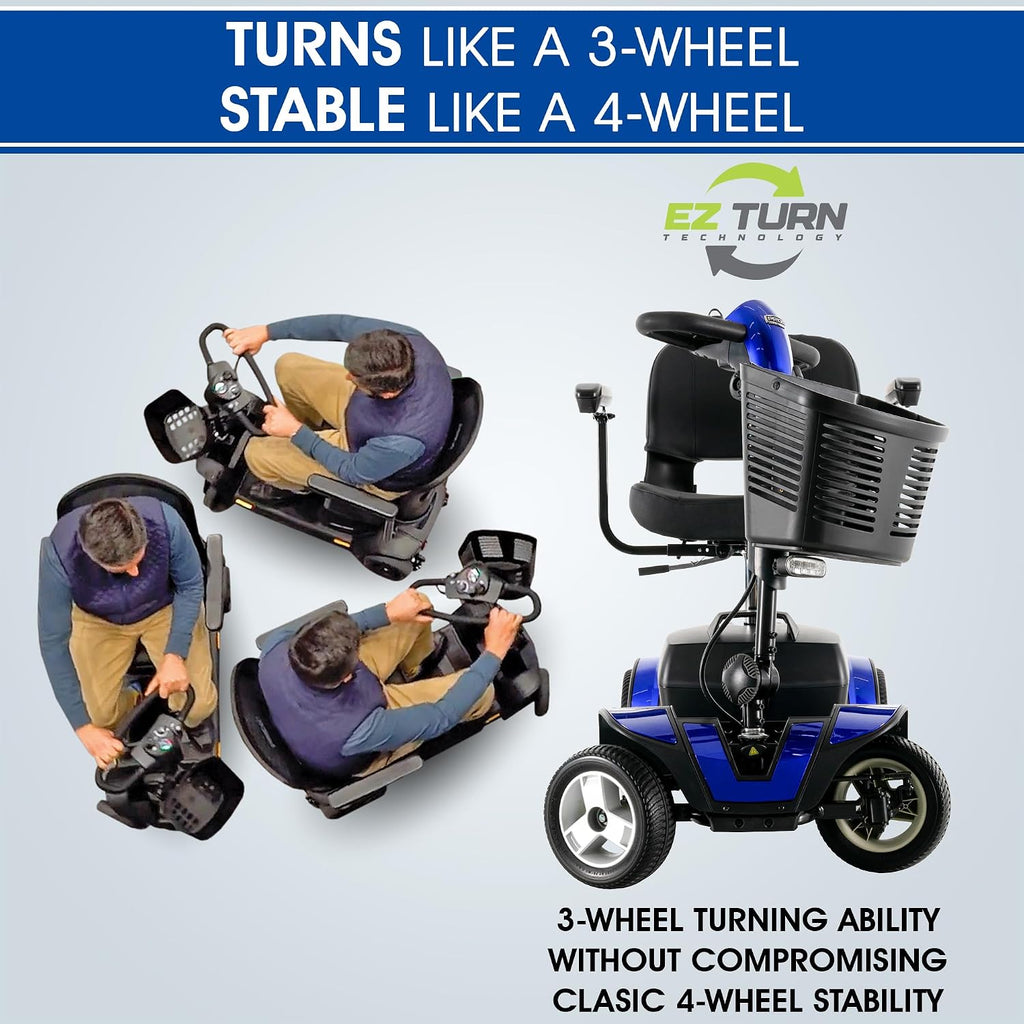 Pride Go Go Sport 4 Wheel Mobility Scooter + Lockable Storage Pod, Rear Basket, Cell Phone Mount, New Easy Turn Feature, LED Headlight, Foldable Seat, 325 Lbs Capacity, Warranty