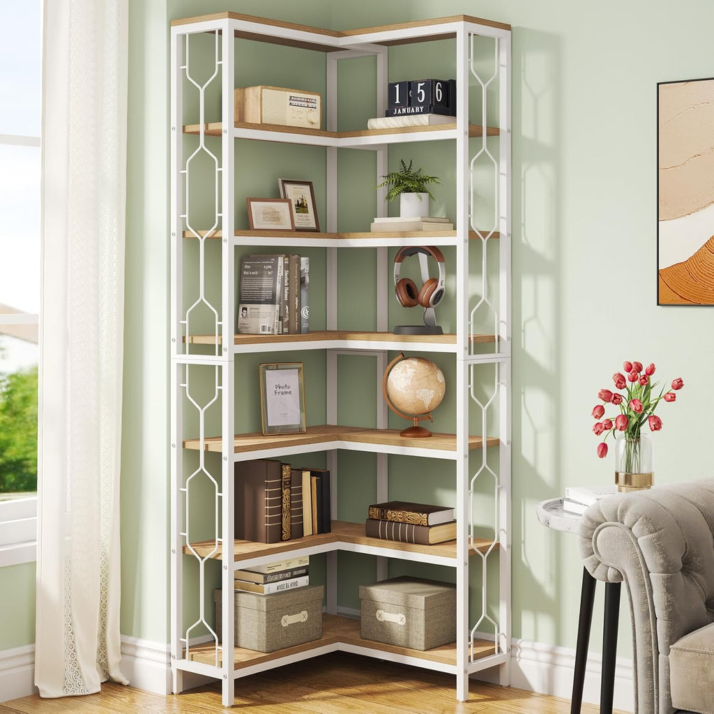 Tribesigns 7-Tier Corner Shelf, 78.7' Tall Bookshelf with Storage, Corner Bookshelf and Bookcase, Industrial Display Shelf for Living Room, Bed Room, Home Office (White and Natural)