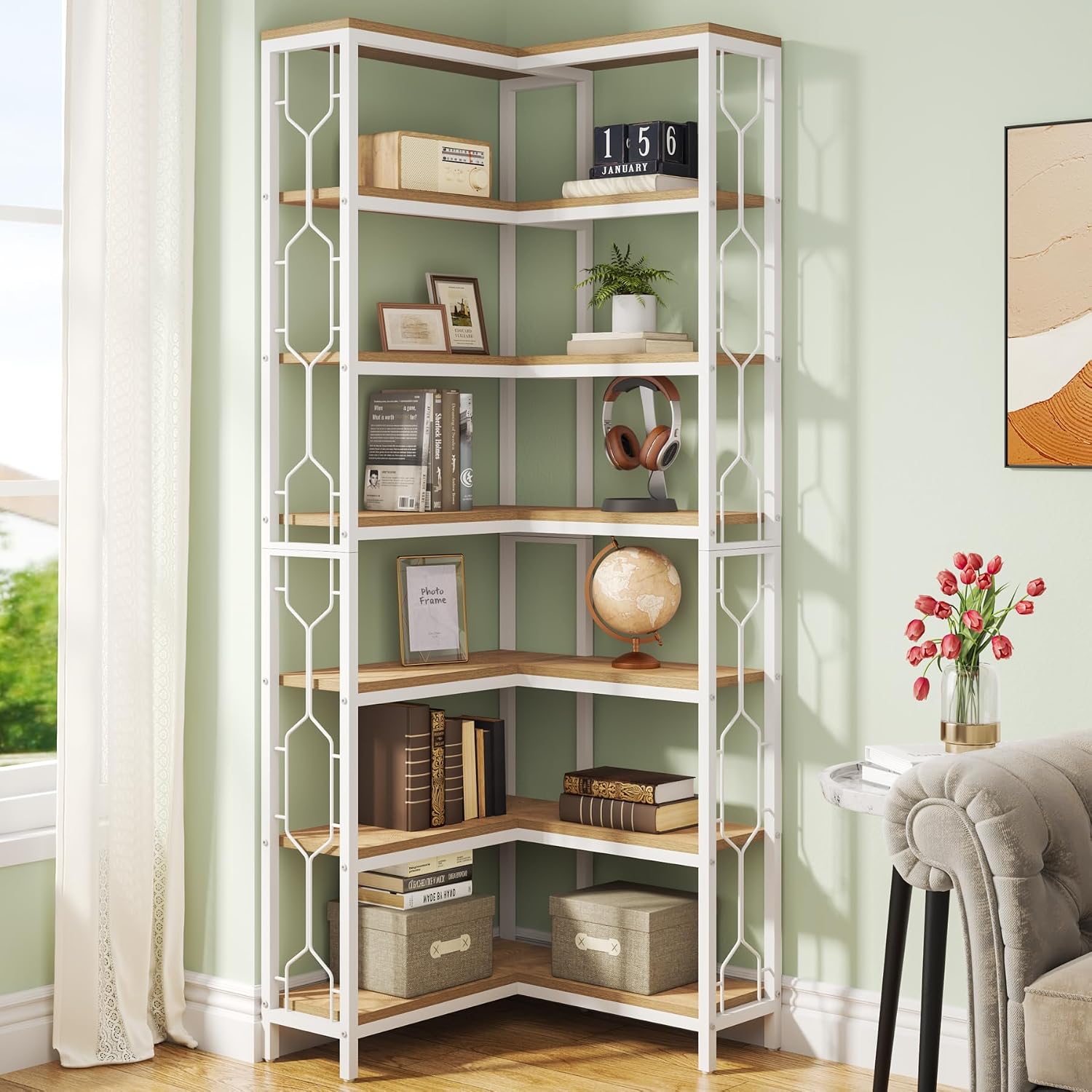 Tribesigns 7-Tier Corner Shelf, 78.7' Tall Bookshelf with Storage, Corner Bookshelf and Bookcase, Industrial Display Shelf for Living Room, Bed Room, Home Office (White and Natural)