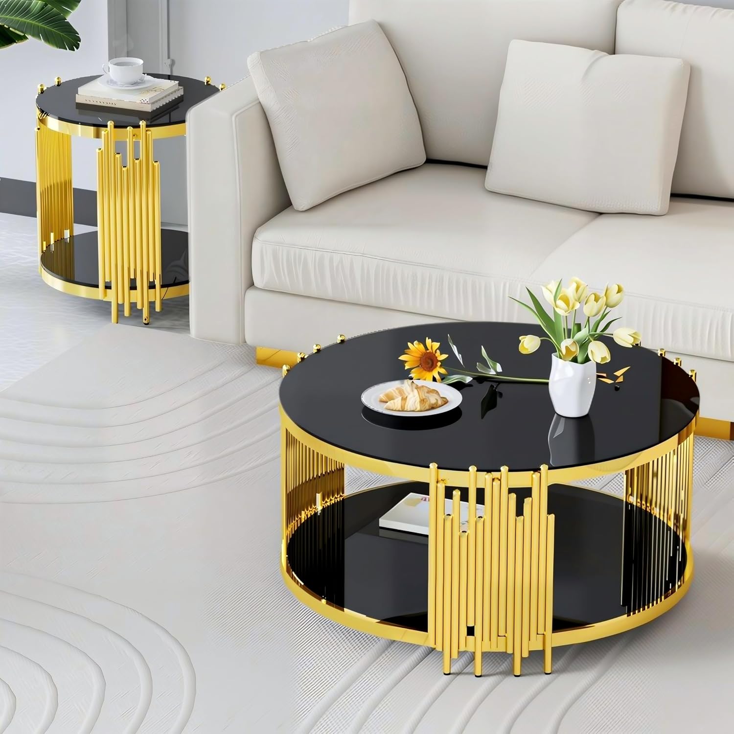 Luxury Gold Round Glass End Table Set of 2, 19.7' Modern Side Table with Stainless Steel Irregular Leg Black Tempered Glass Tabletop, Accent Furniture for Living Room, Black