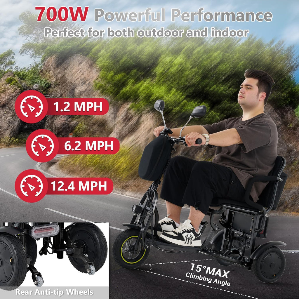3-Wheel Folding Mobility Scooter Foldable Lightweight Electric Scooter for Adults & Seniors, Detachable Lithium Battery, Long Range 28 Miles, 3-Speed, with Rearview Mirror & Turn Signal (Black)