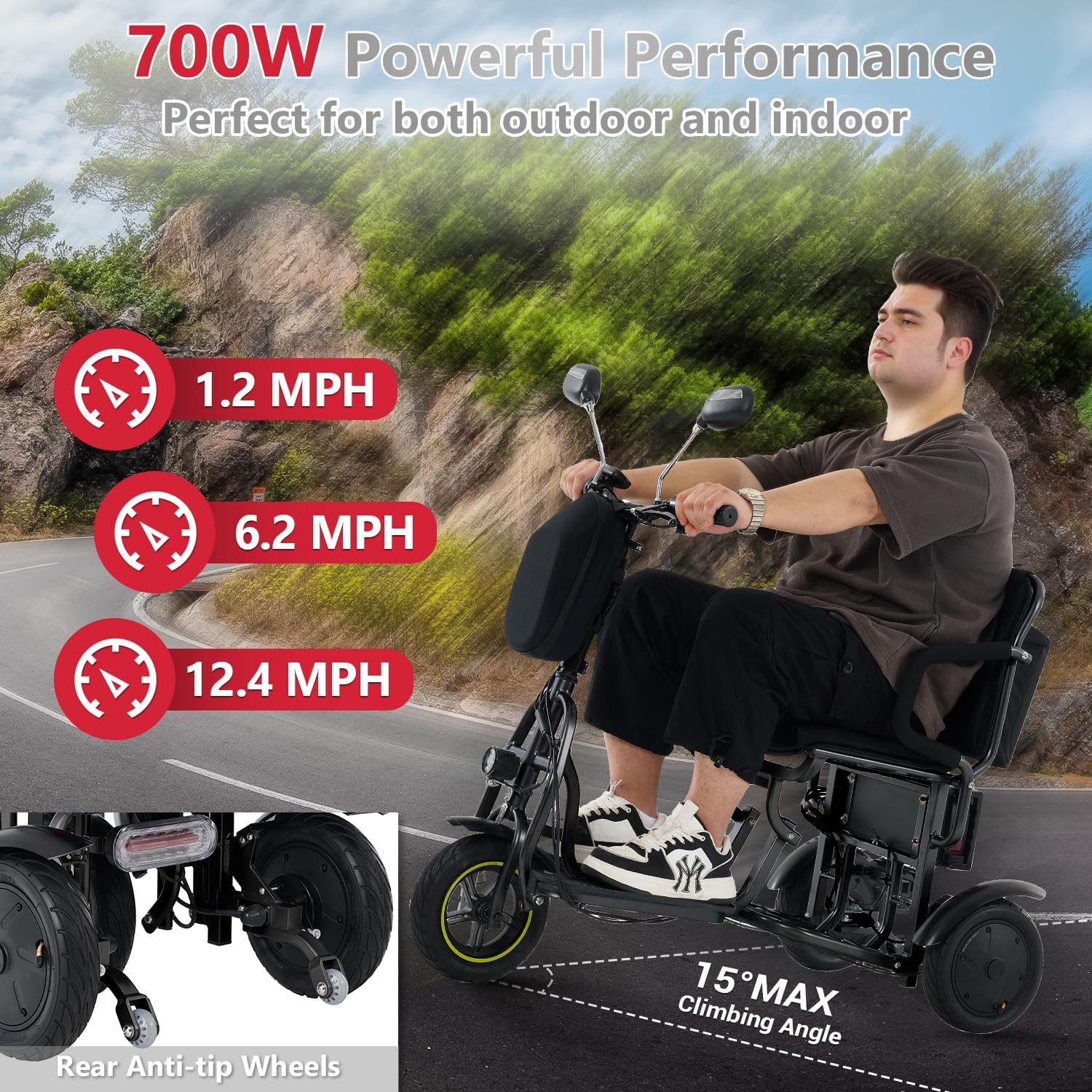3-Wheel Folding Mobility Scooter Foldable Lightweight Electric Scooter for Adults & Seniors, Detachable Lithium Battery, Long Range 28 Miles, 3-Speed, with Rearview Mirror & Turn Signal (Black)