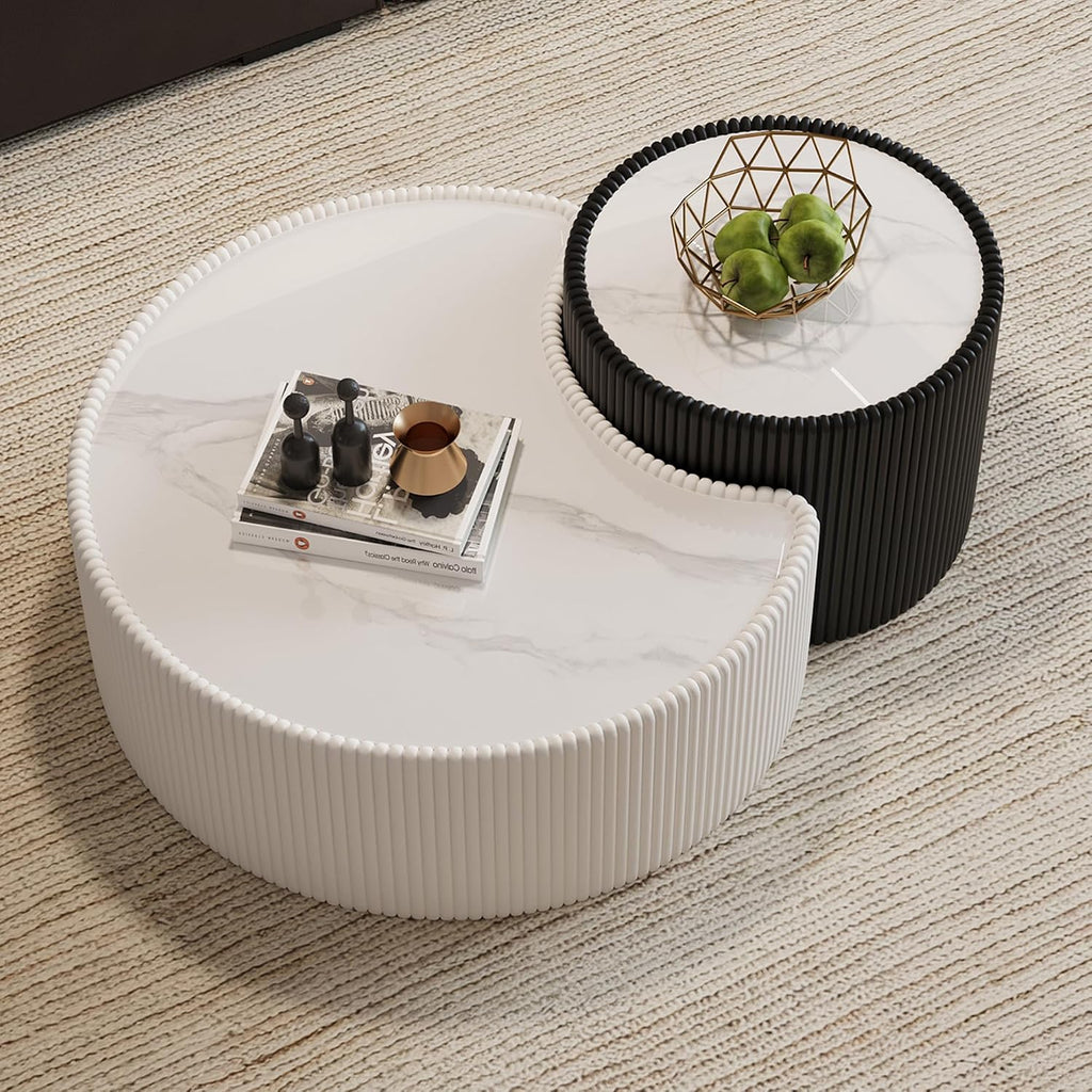 White Round Coffee Table with Sintered Stone Tabletop, 29.53' Drum Coffee Table with Fluted PU Leather Covered and Stable Base, Circle Cocktail Tea Table for Living Room