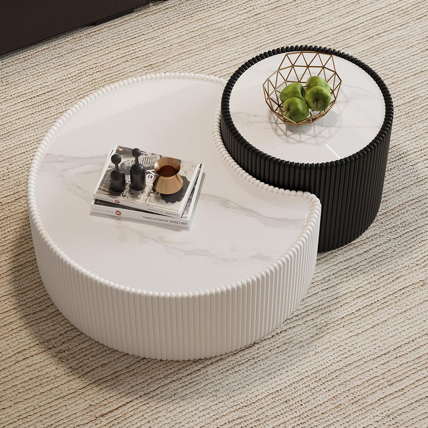 White Round Coffee Table with Sintered Stone Tabletop, 29.53' Drum Coffee Table with Fluted PU Leather Covered and Stable Base, Circle Cocktail Tea Table for Living Room