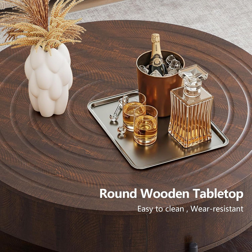 RARZOE 30.5' Round Coffee Table with Storage, Wooden Circle Coffee Table with Drawer, Storage Shelf, Metal Legs，Small Dining Table Accent Center Table for Living Room Home Office Apartment,Dark Brown