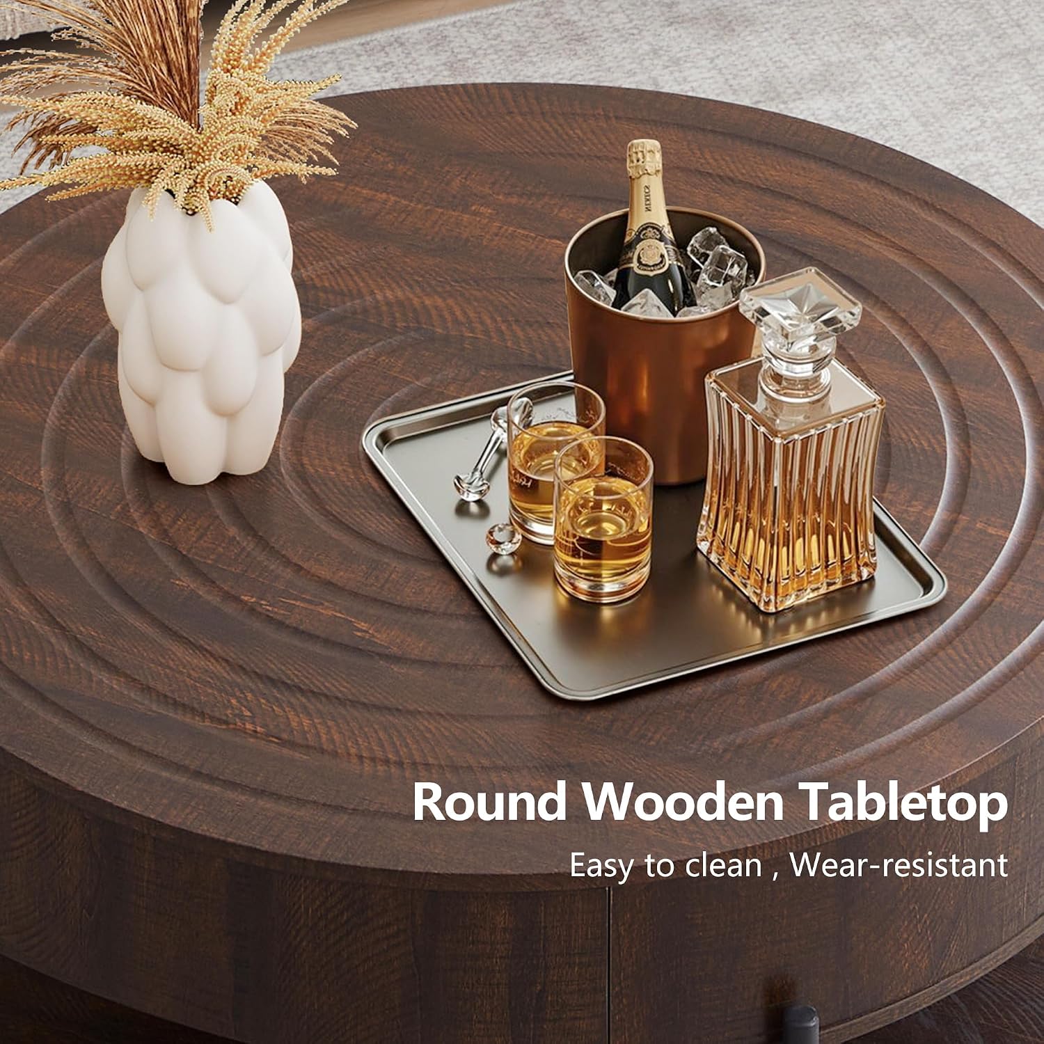 RARZOE 30.5' Round Coffee Table with Storage, Wooden Circle Coffee Table with Drawer, Storage Shelf, Metal Legs，Small Dining Table Accent Center Table for Living Room Home Office Apartment,Dark Brown