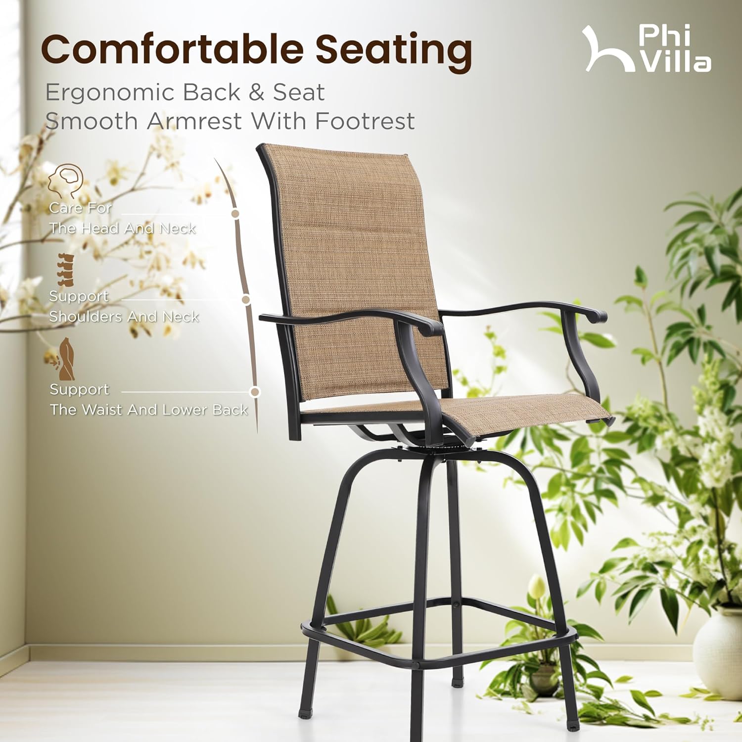 PHI VILLA 3 Piece Outdoor Swivel Bar Stools Set, Bar Height Patio Set with 2 Padded Textilene Fabric Chairs, All-Weather High Top Patio Bistro Table and Chairs Furniture, Brown