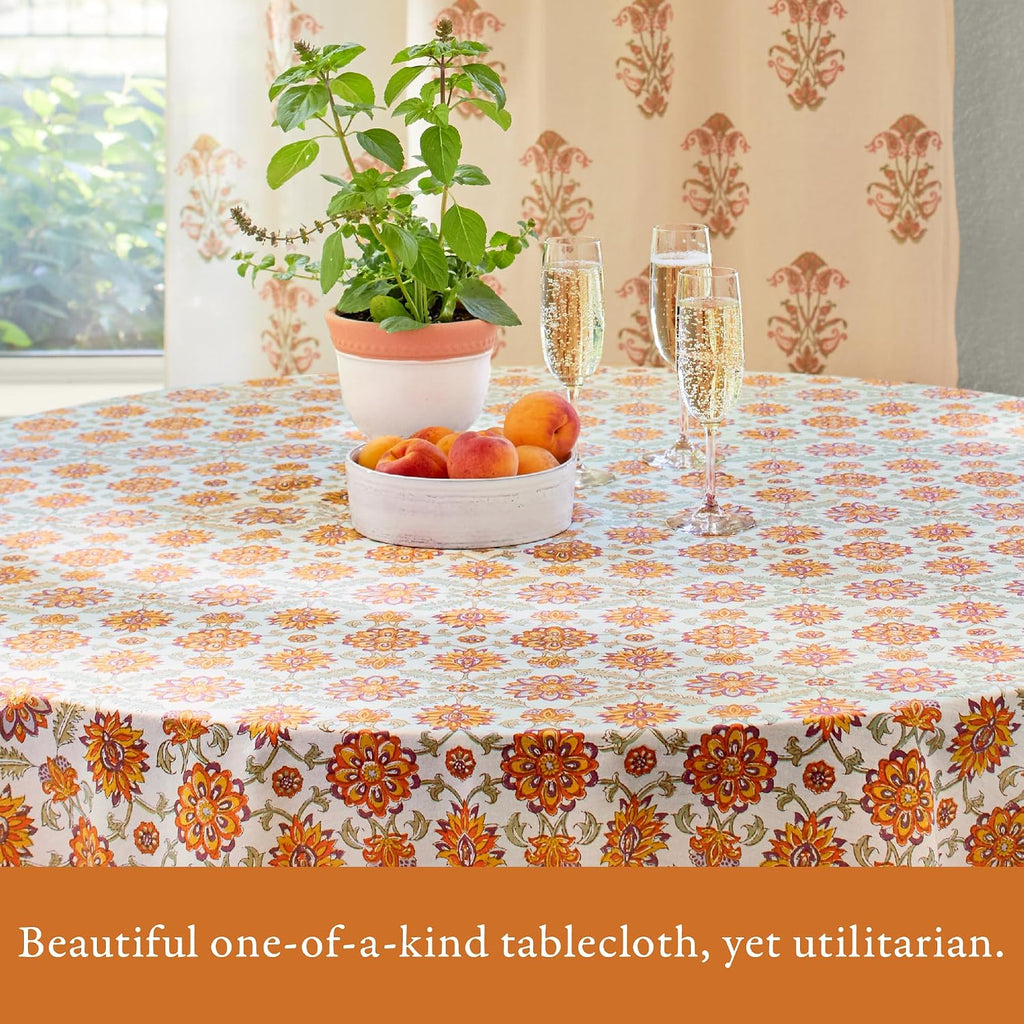 Saffron Marigold Round Hand Block Printed Tablecloth - Orange Blossom Luxurious 100% Cotton, Washable, for Home Decor, Kitchen, Coffee Or Dining Table 90 Inch