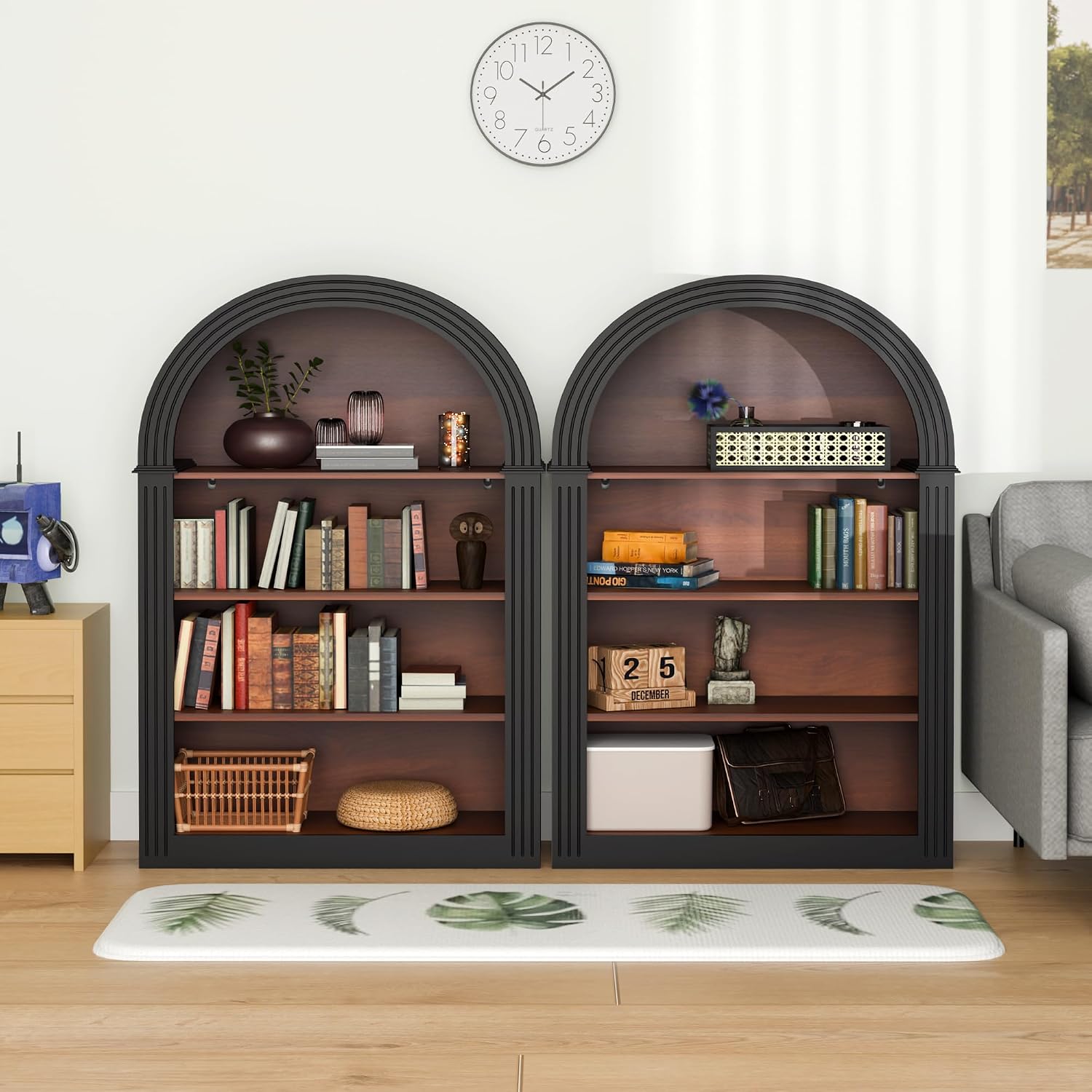 Black Arched Bookcase,Short Wide Bookshelf,Short Corner Bookshelf,Arched Display Cabinet with Open Shelf for Bedroom, Living Room